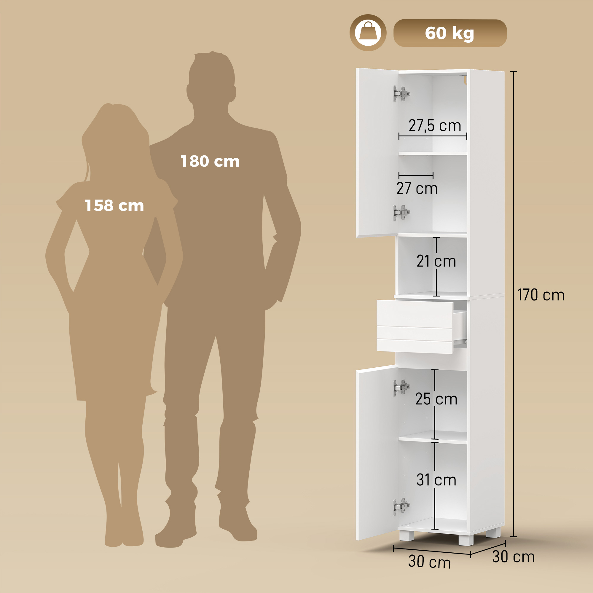 Badezimmerschrank Schmaler Badschrank mit verstellbaren Einlegeböden, 30 x 30 x 170 cm, Weiß