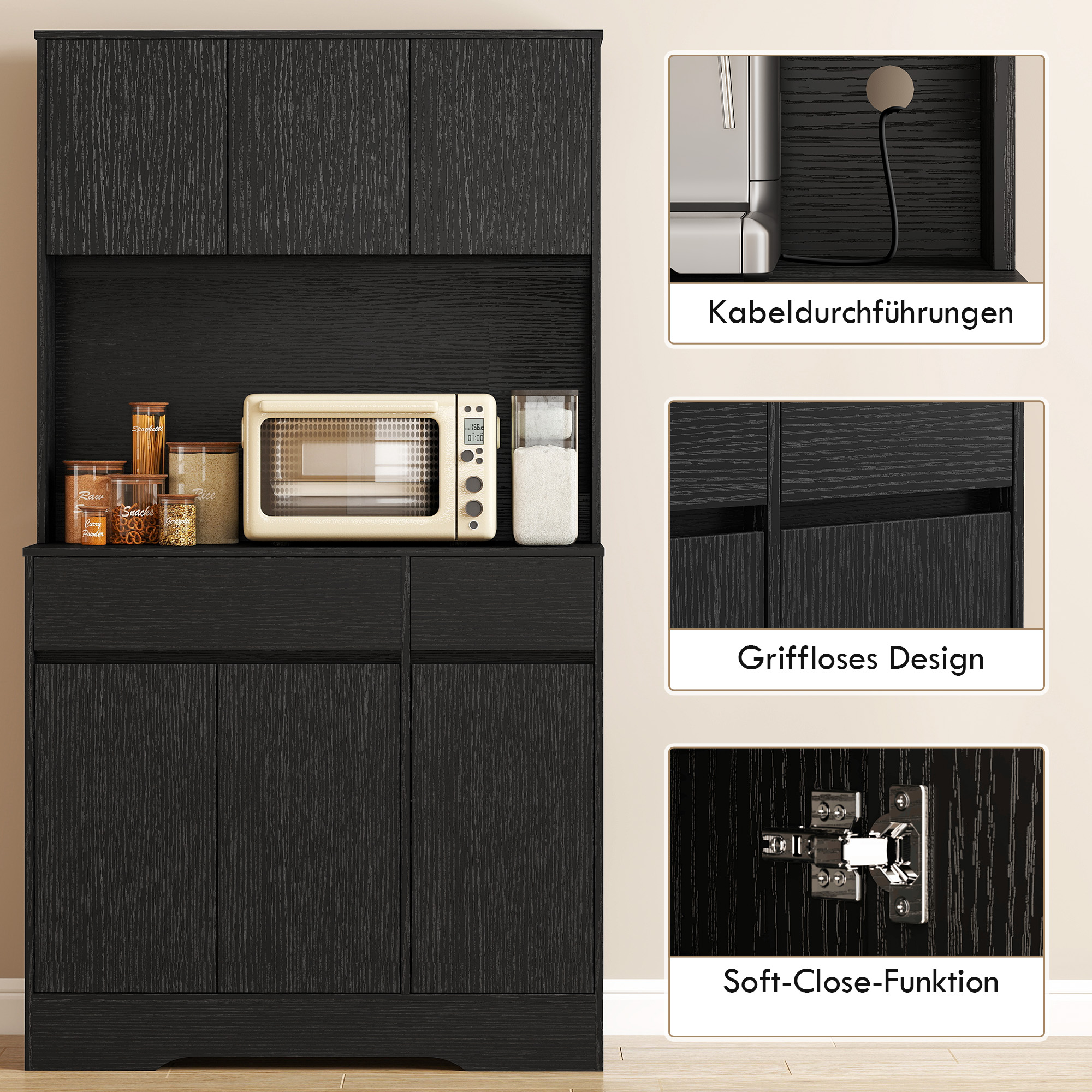 Buffet-Küchenschrank mit Arbeitsplatte, 6 Türen, hoher Stauraumschrank mit Regalen, Schwarz