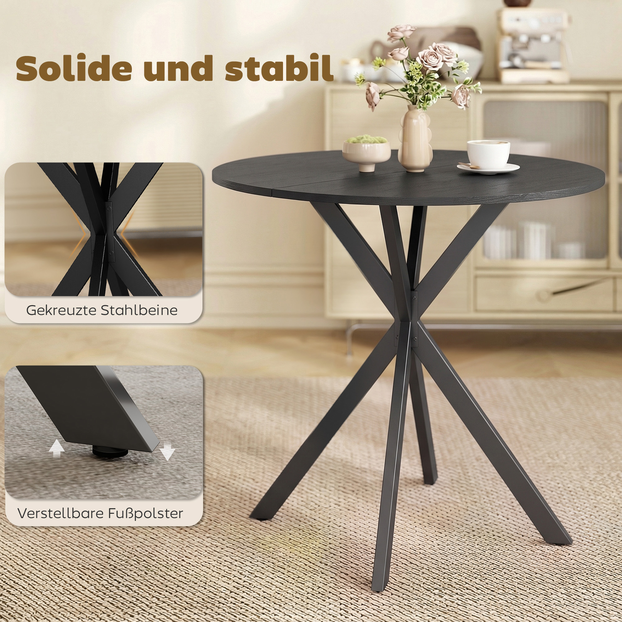 Runder Küchentisch, 80 cm, kompakte Tischplatte, Spanplatte, Metall, Schwarz