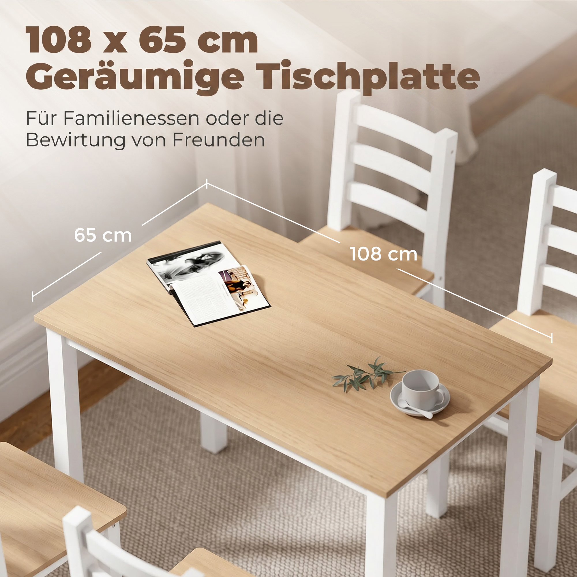 5-teiliges Essgruppe für 4 Personen, Landhaus-Esstisch und Stühle aus Massivholz, Natur/Weiß