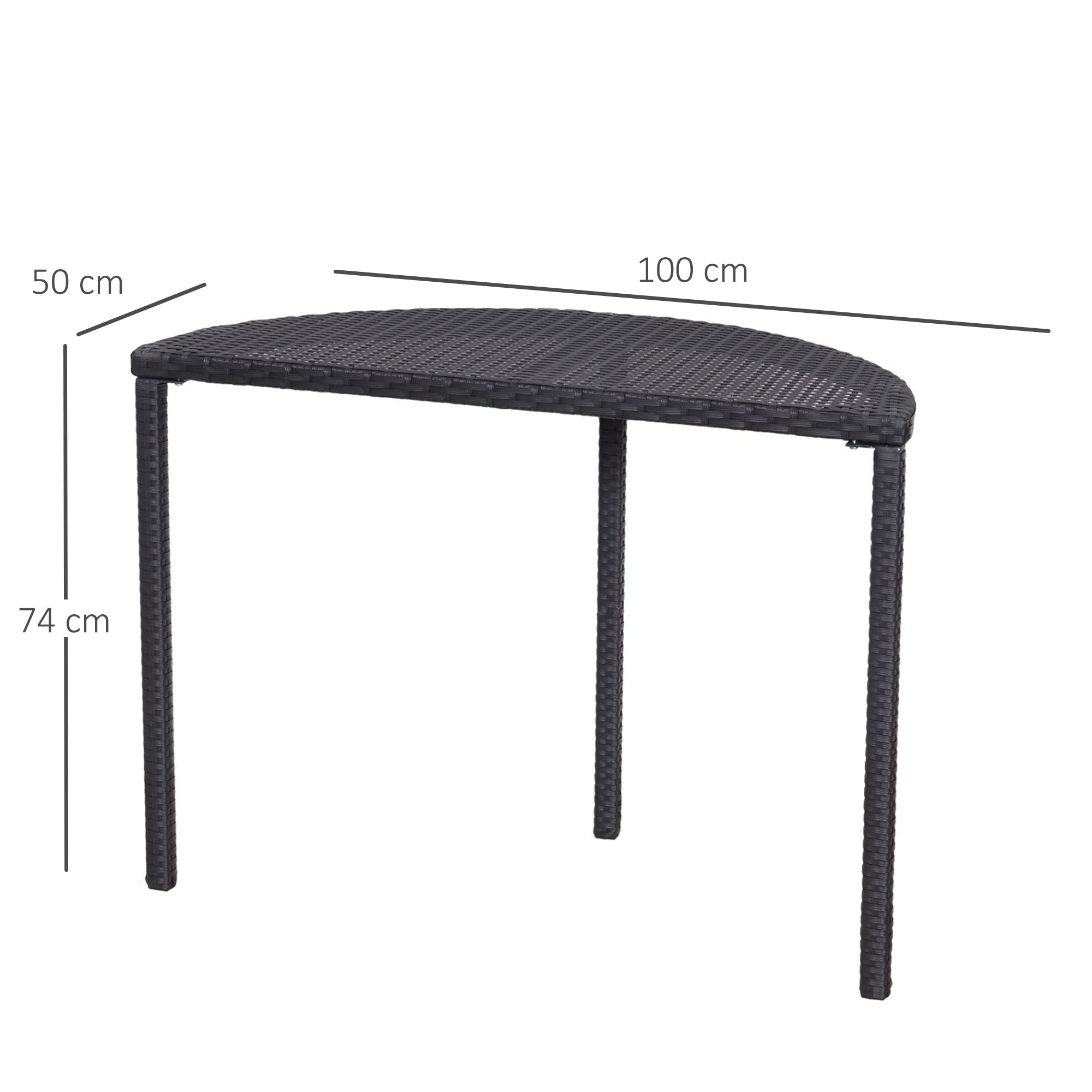 Balkontisch Garten Beistelltisch Tisch Gartenmöbel halbrund Polyrattan Metall Schwarz 100 x 50 x 74 cm