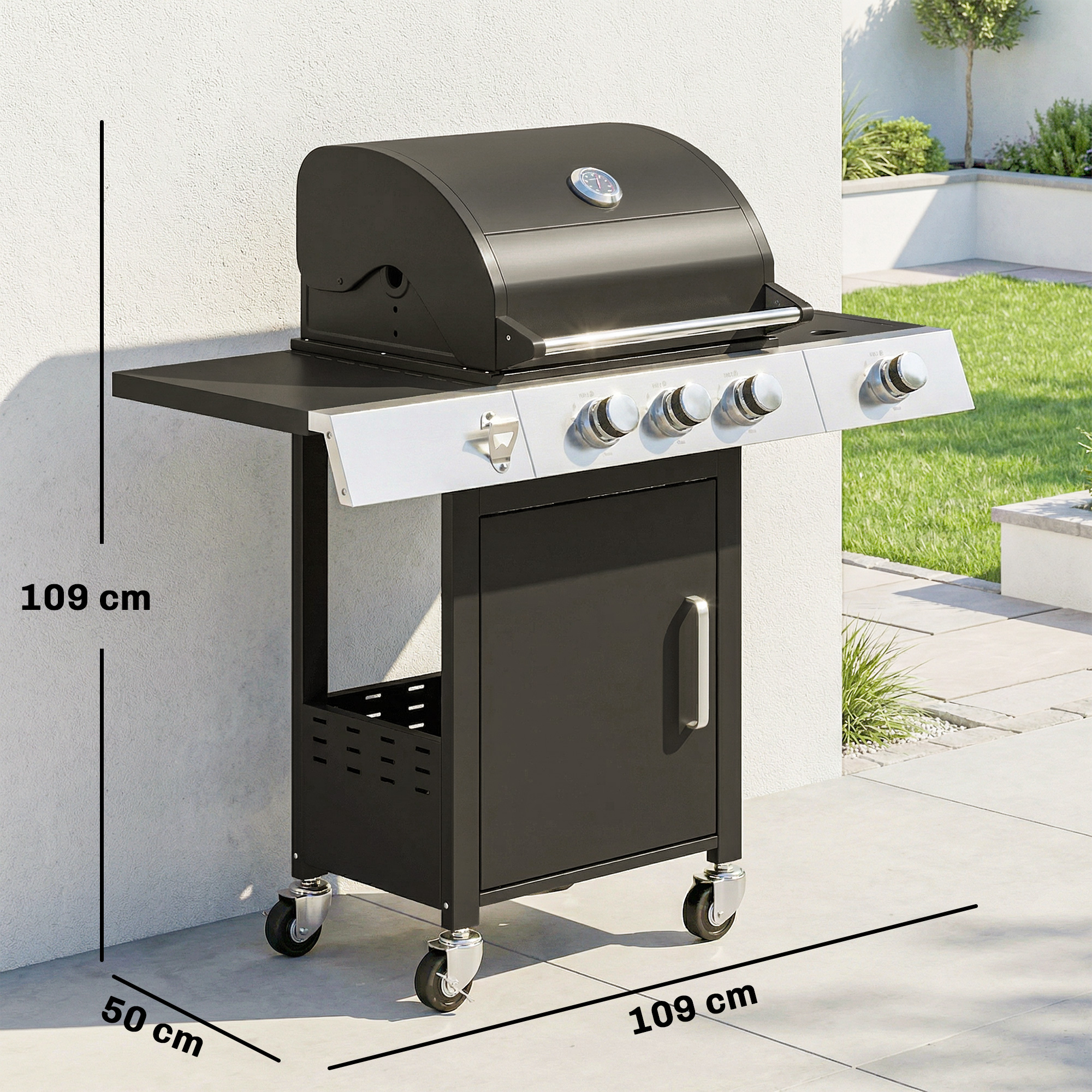 Gasgrill 10,5 KW 3+1 Brenner BBQ Grillwagen Edelstahl inkl Seitenbrenner Flaschenöffner Thermometer Gusseisen-Grillrost