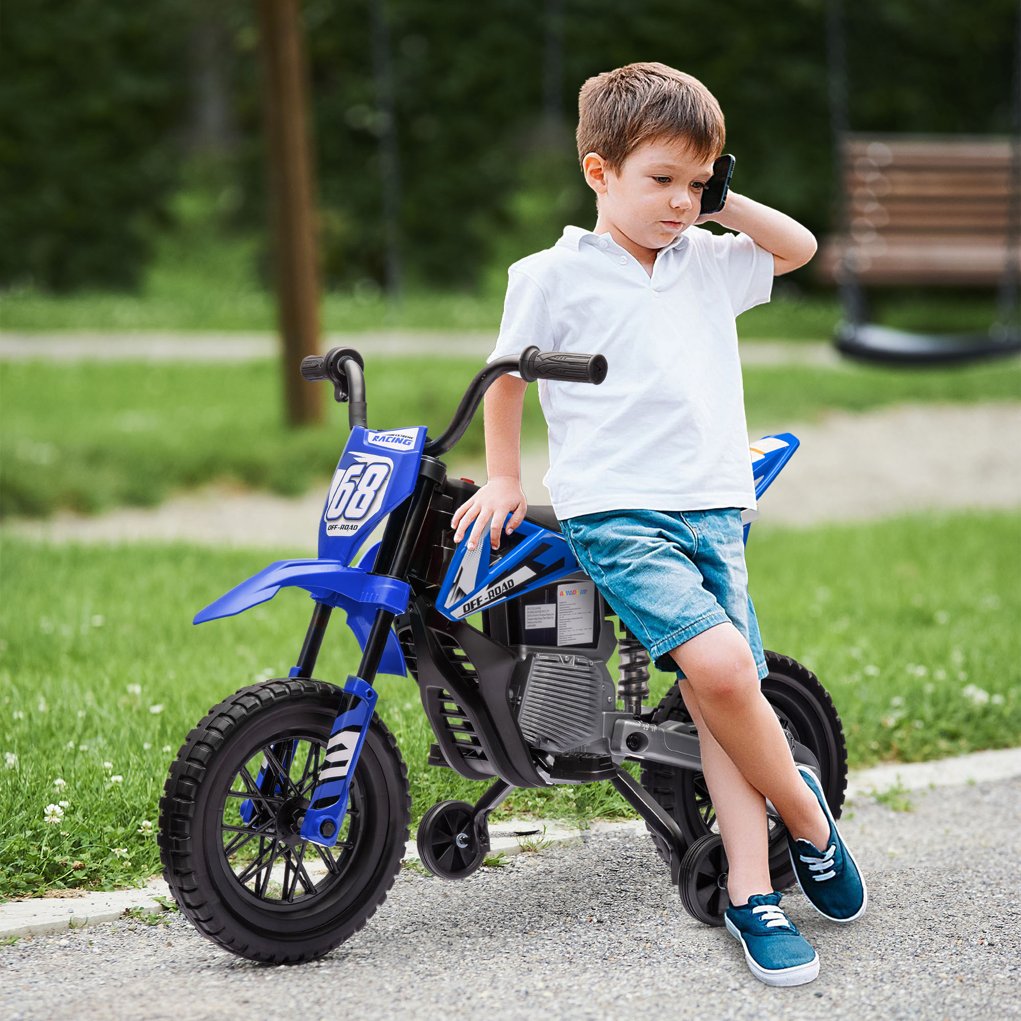 Elektro-Motorrad für Kinder, 12V Kindermotorrad mit Musik, Kinderfahrzeug mit Trainingsrädern, 3-6 Jahre, Blau