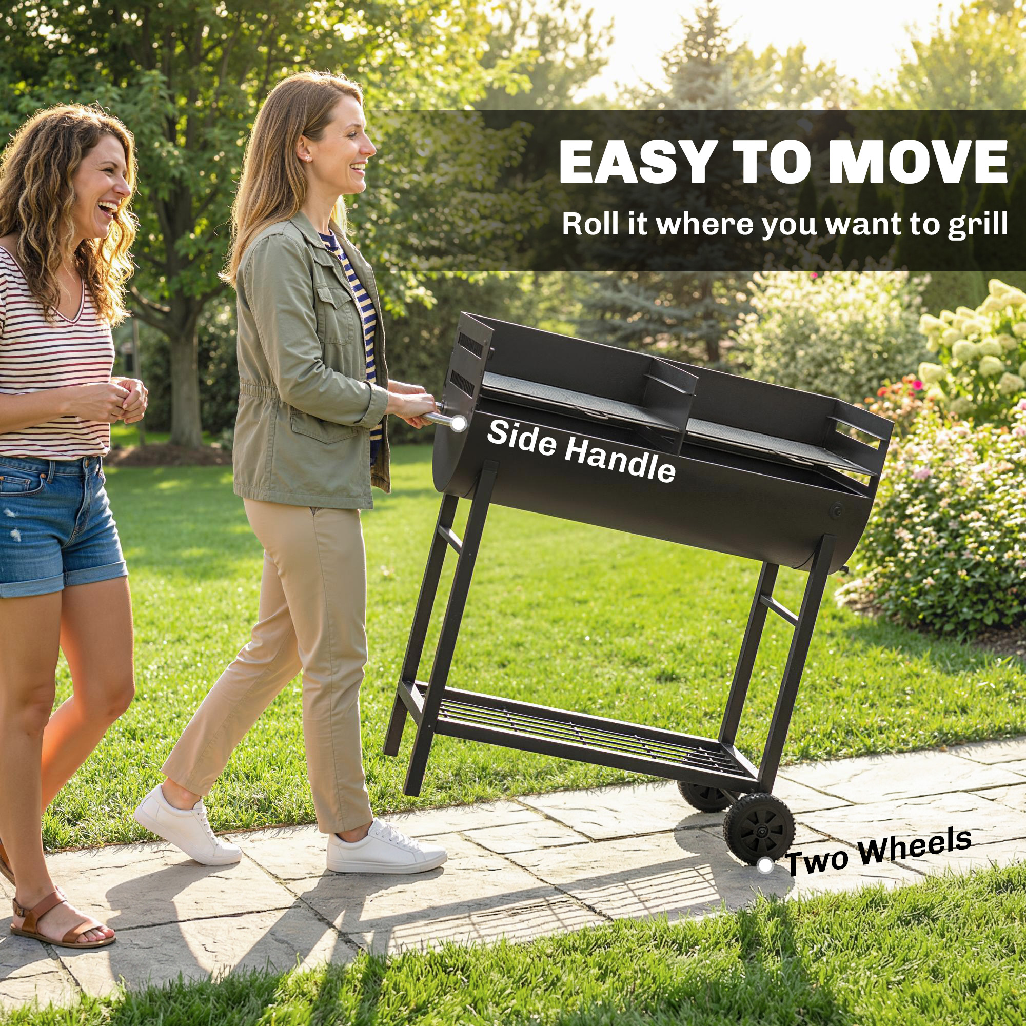 Holzkohlegrill Grillwagen mit 2 Grillzonen höhenverstellbarer Grillrost Holzablage Räder Seitengriff, 103 x 46,5 x 100cm