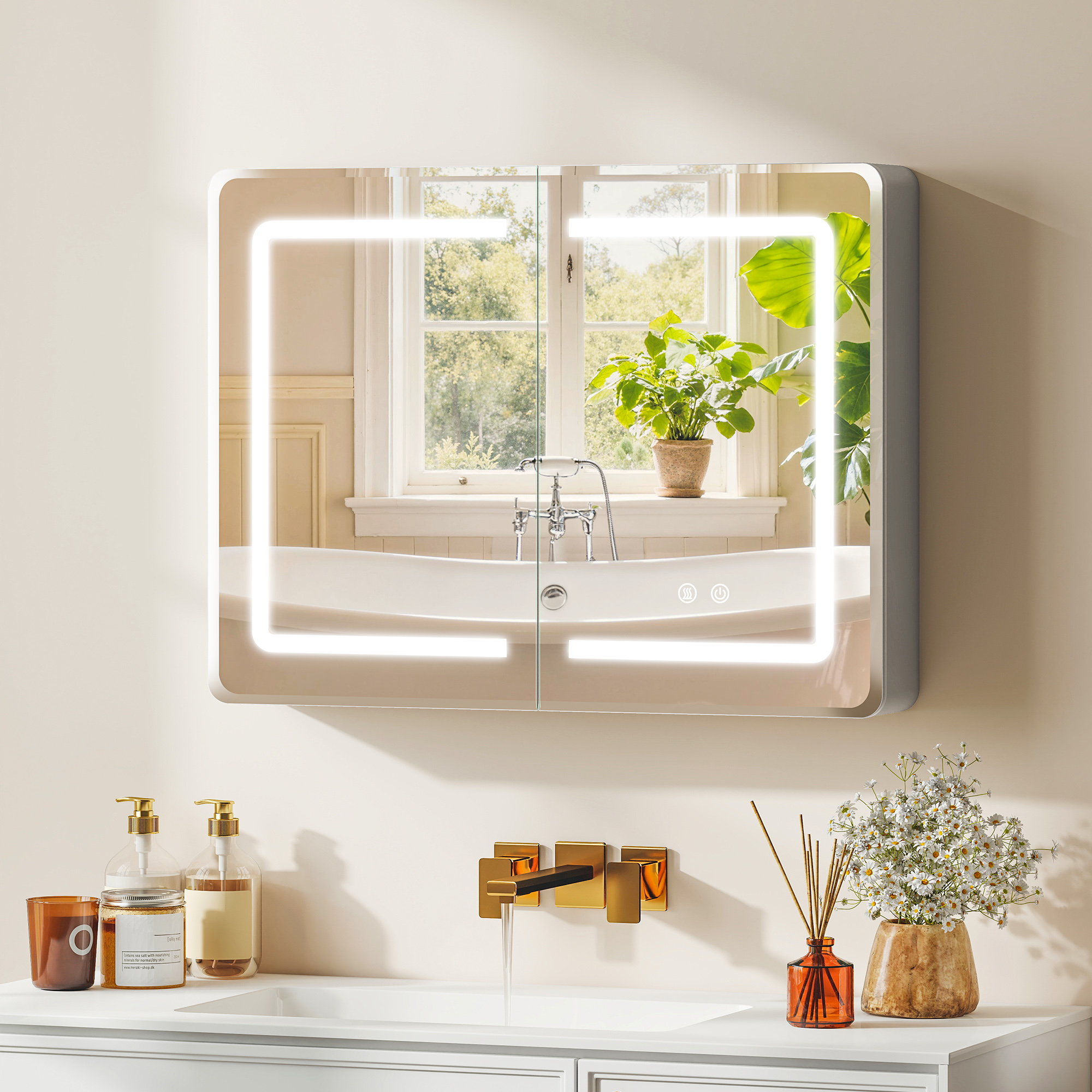 Spiegelschrank für das Badezimmer mit LED-Beleuchtung, 60 x 80 cm Badschrank mit Anti-Beschlag, 3-fach dimmbare