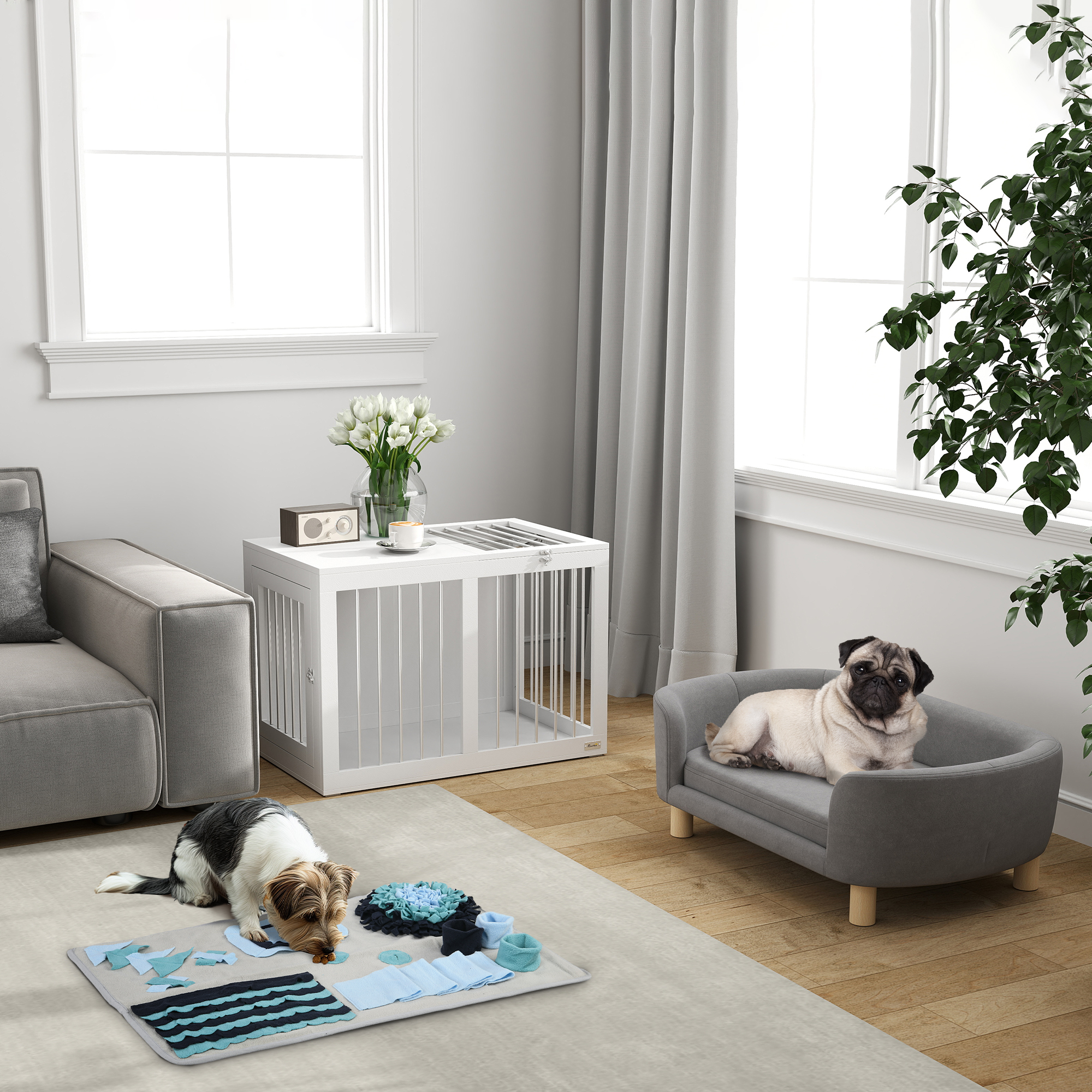 Hundekäfig mit 2 Türen, Hundebox, verriegelbar, Stahlgitter, 80 cm x 50 cm x 56,5 cm, Weiß + Silber