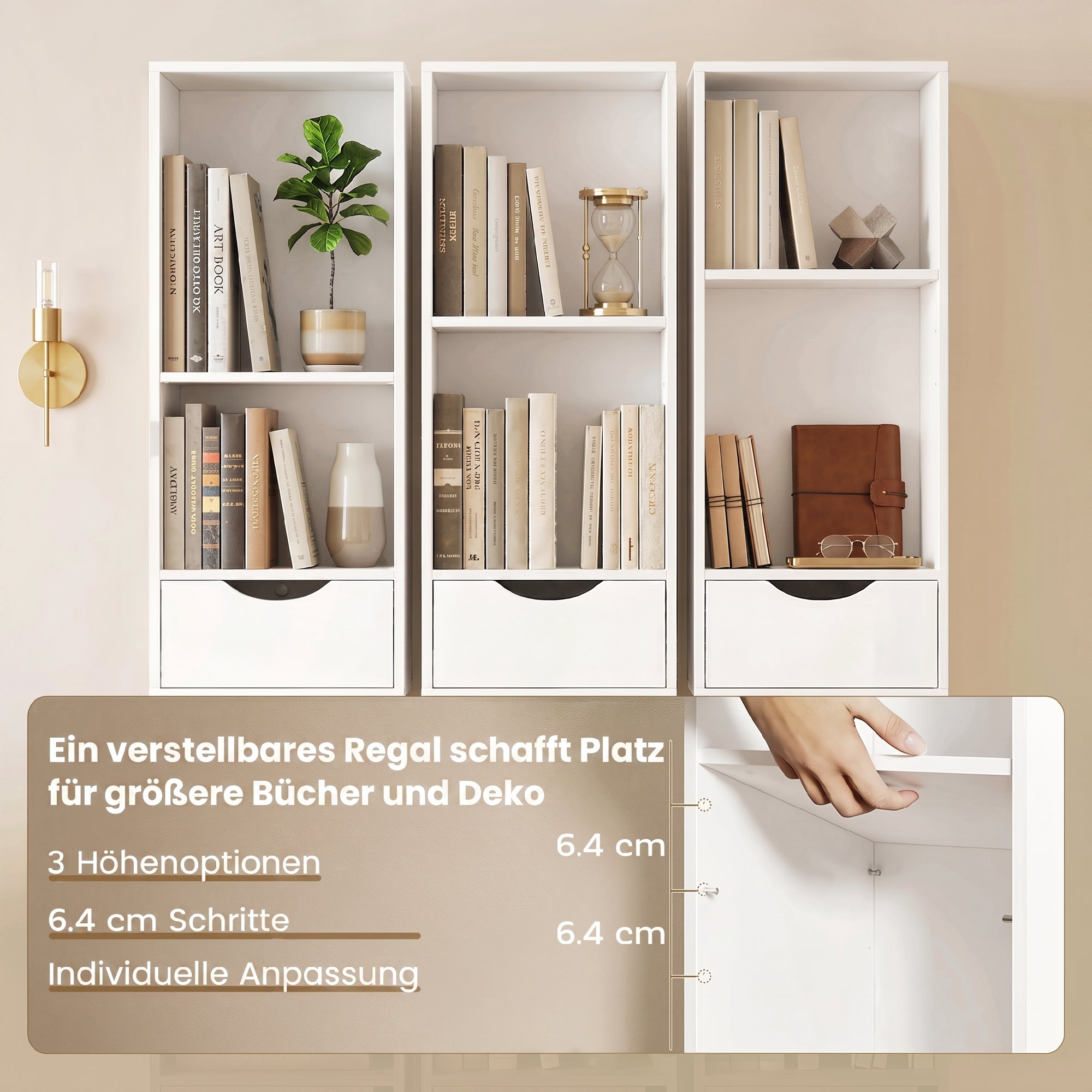 Bücherregal mit 2 Schubladen, Schmaler Bücherschrank mit 3 offenen Regalebenen, für Büro, Schlafzimmer 30x24x158cm Weiß