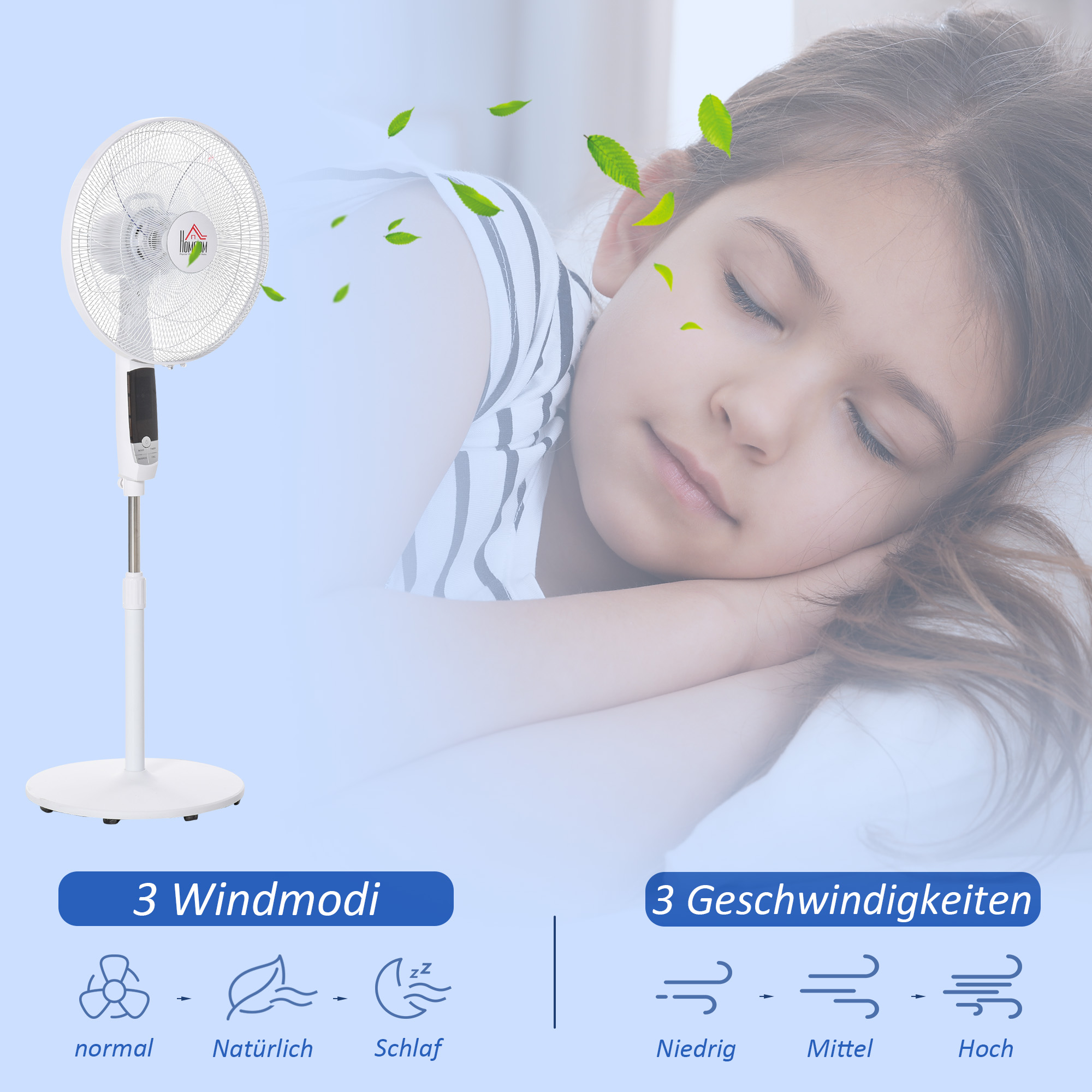 Standventilator, 3 Geschwindigkeiten, 3 Modi, Timer, Fernbedienung, 45 x 42 x 118-138 cm, Weiß