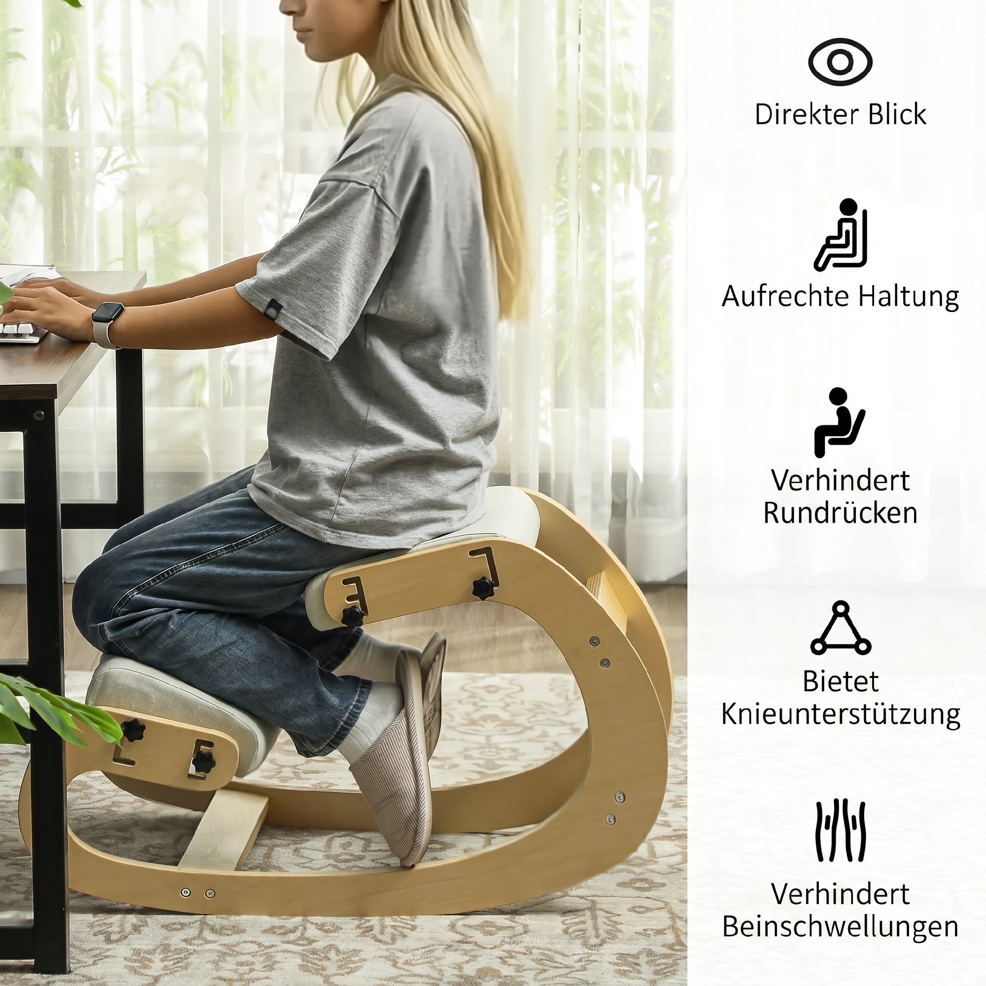 Ergonomischer Kniestuhl, Kniehocker mit 6 verstellbaren Einstellungen, Basis aus Holz Cremeweiß