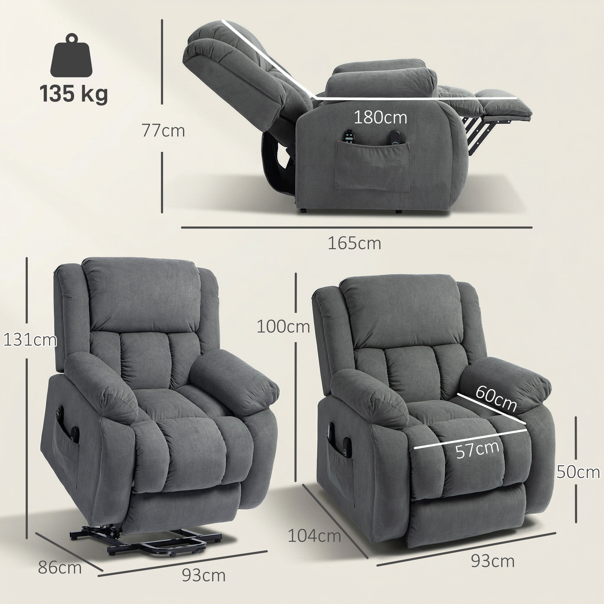 Fernsehsessel mit Massage- und Wärmefunktion, Elektrischer Aufsteh-Sessel, Fernbedienung, Seitentaschen, Grau