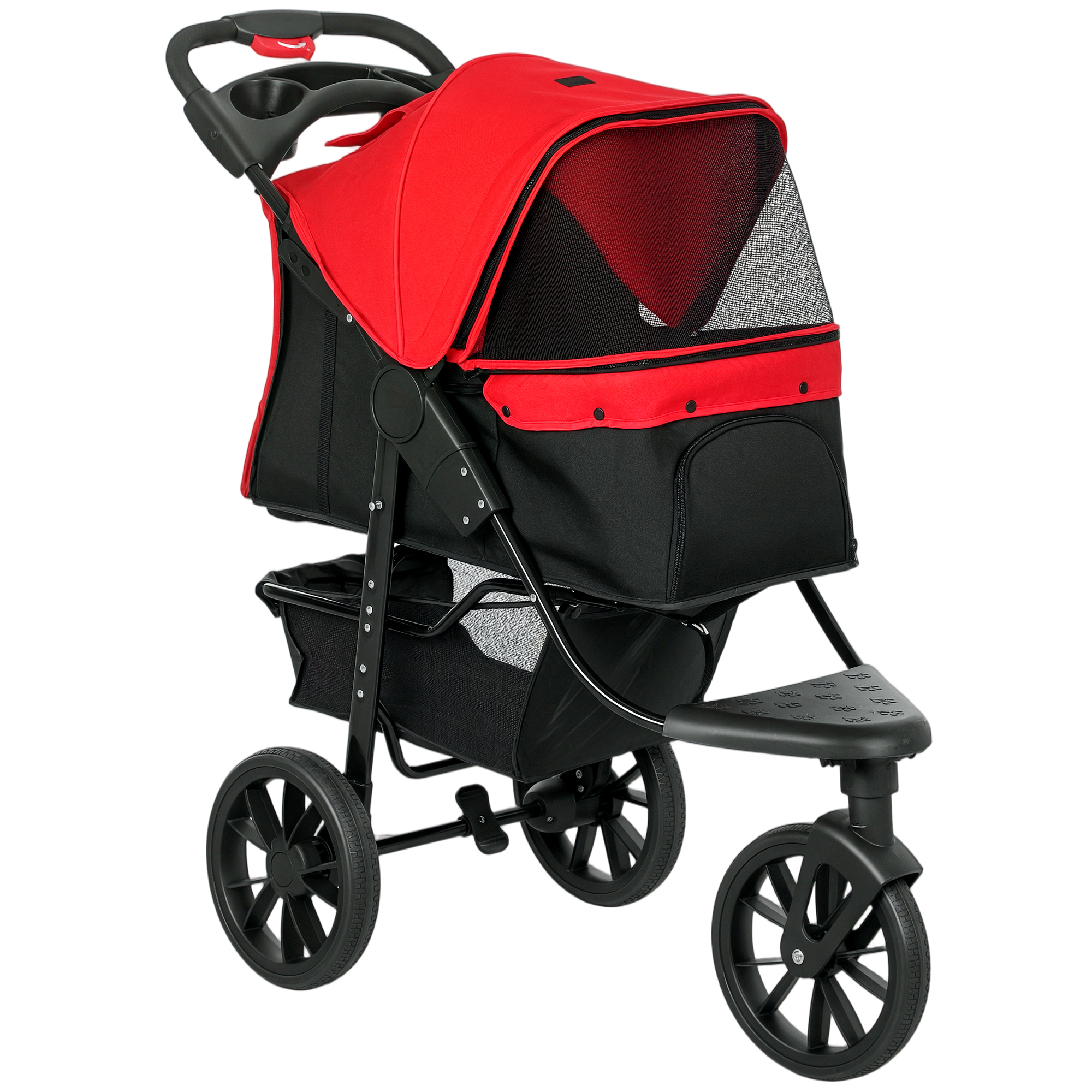 Hundewagen klappbar Hundebuggy bis 10 kg mit 3 Rädern, Netzfenstern Getränkehalter Ablagekorb 109,5x57,5x106,5 cm Rot
