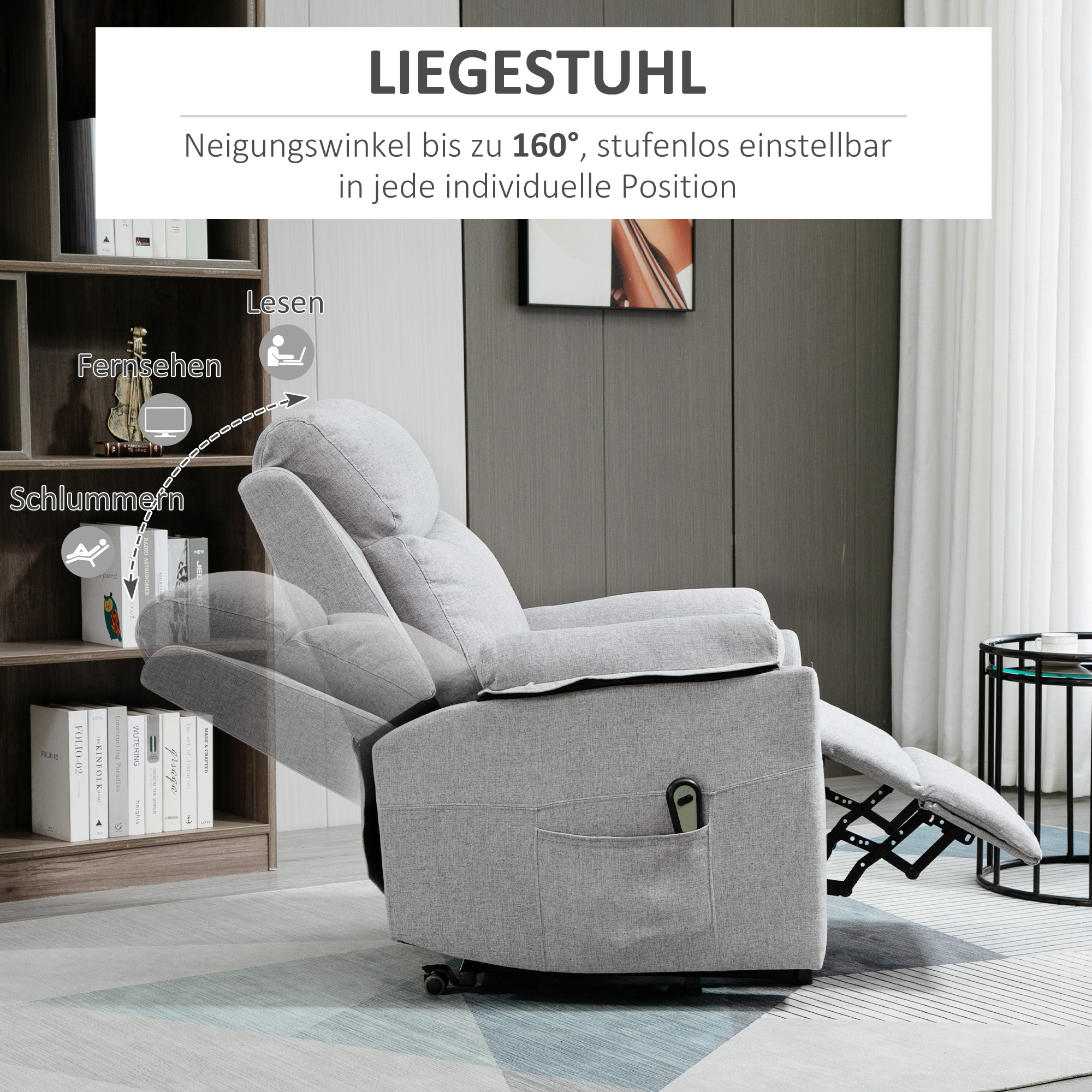 Relaxsessel mit Aufstehhilfe, elektrisch, Liegefunktion, Fernbedienung, Taschenfederkern, bis 120 kg, Grau