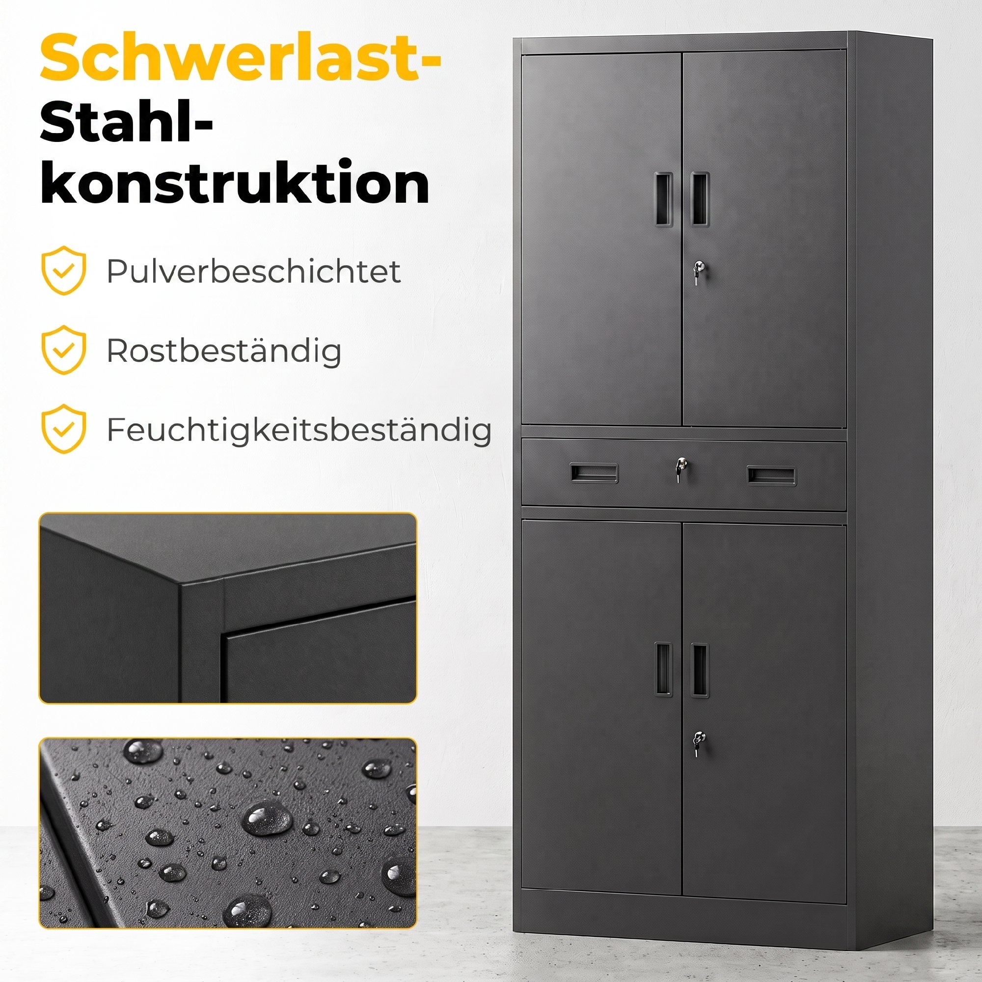 Metallschrank 180 cm, Werkzeugschrank mit abschließbaren Türen, Schublade und verstellbaren Böden, Schwarz