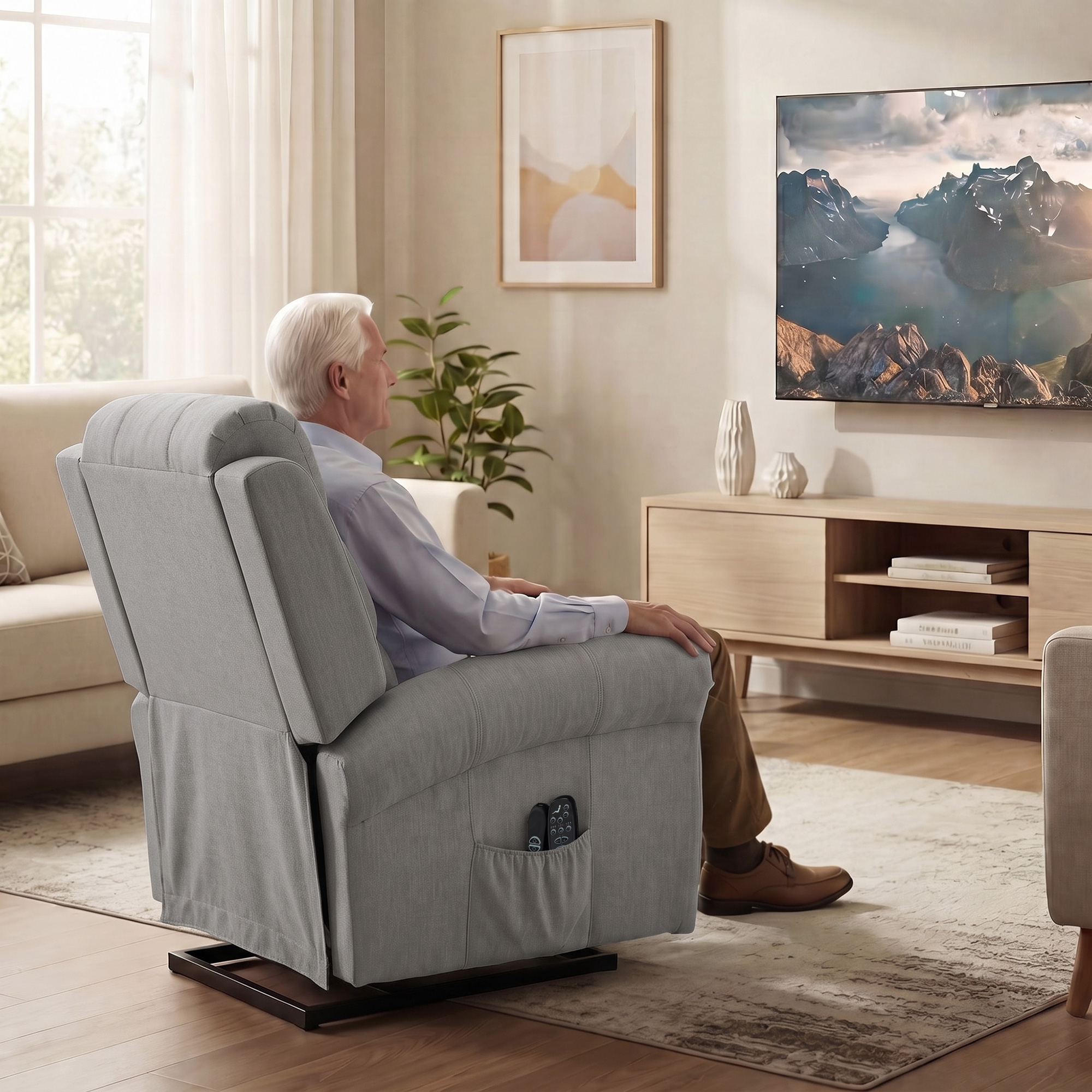 Power-Lift-Relaxsessel mit Vibrationsmassage und Wärmefunktion, Aufstehsessel mit USB-Anschluss, Seitentaschen und Fernbedienungen, Hellgrau