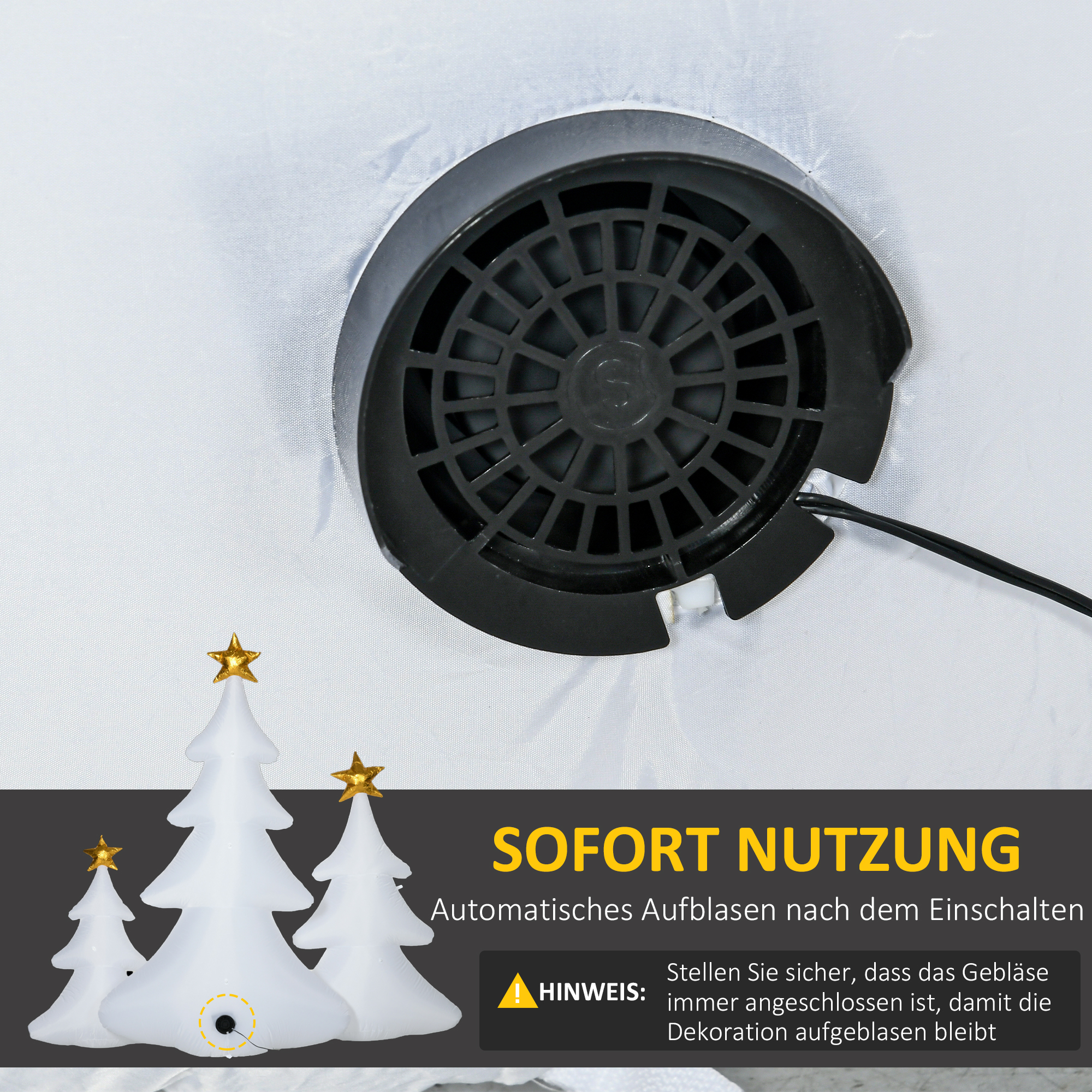 3er-Set aufblasbare Weihnachtsbäume, inkl. Gebläse, In- und Outdoor, inkl. Befestigungsmaterial, Weiß+Gold
