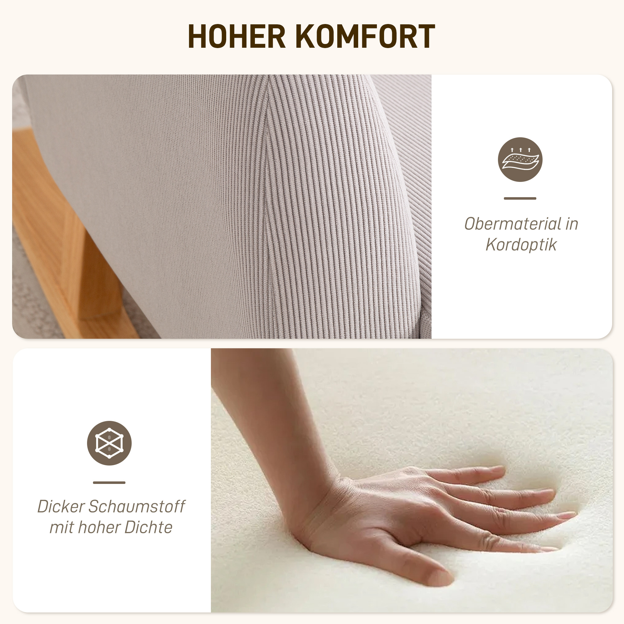 Schaukelstuhl im Retro-Design, Cordbezug, Kautschukholz, Schaumstoff-Füllung, hohe Rückenlehne, Polstersessel, Hellgrau