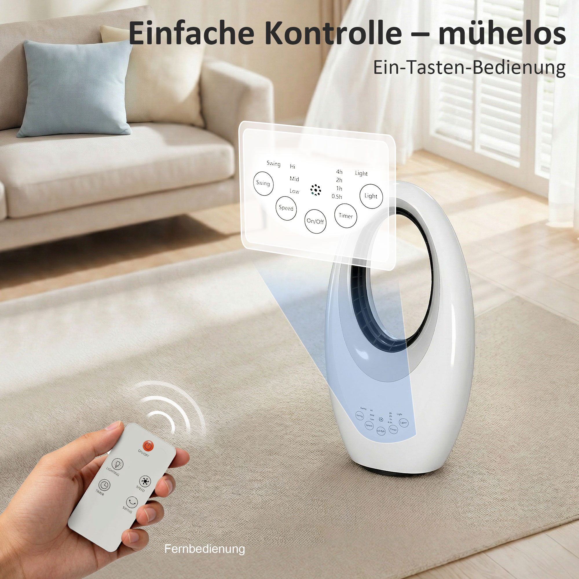 Bladeless Turmventilator, 36dB leiser Ventilator mit 60° Oszillation, LED-Beleuchtung, 3 Geschwindigkeiten, 7,5-Stunden-Timer, Fernbedienung
