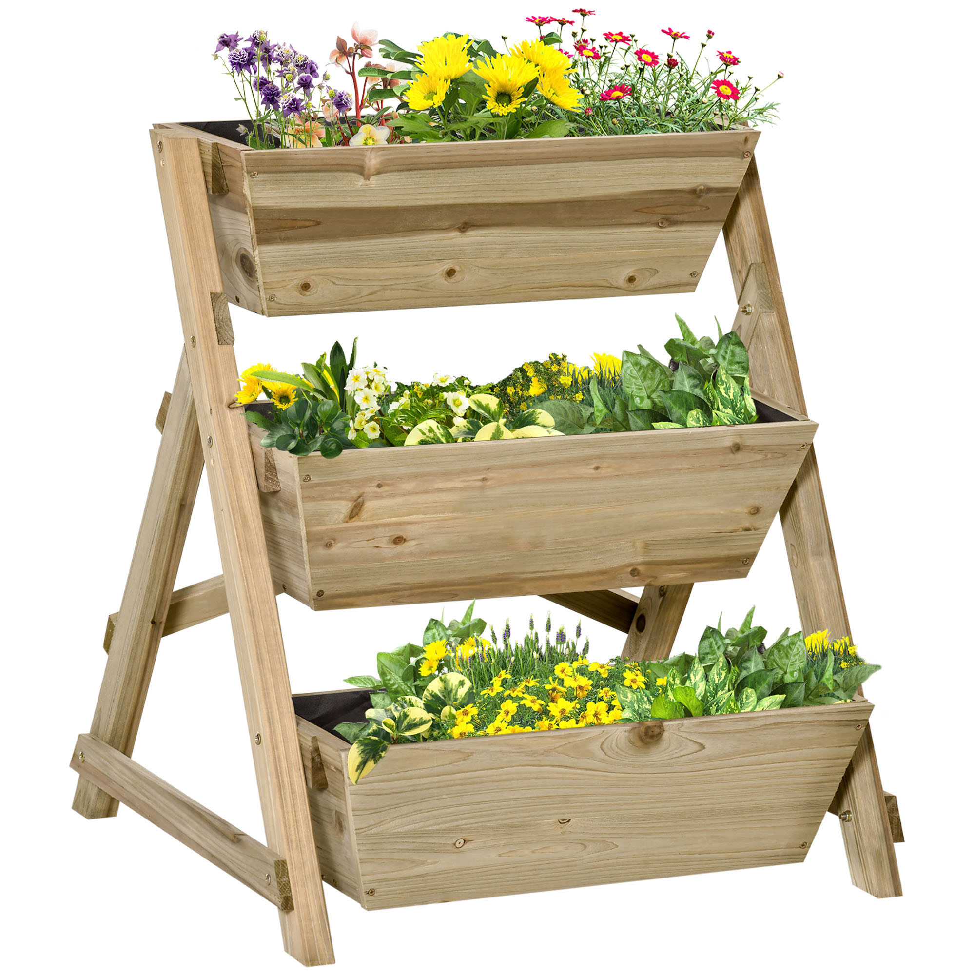 Hochbeet Blumentreppe Holz Blumenleiter mit 3 Ablagen Pflanzentreppe Pflanzregal Pflanzenständer Blumenregal Blumenständer Natur 71 x 61 x 77 cm