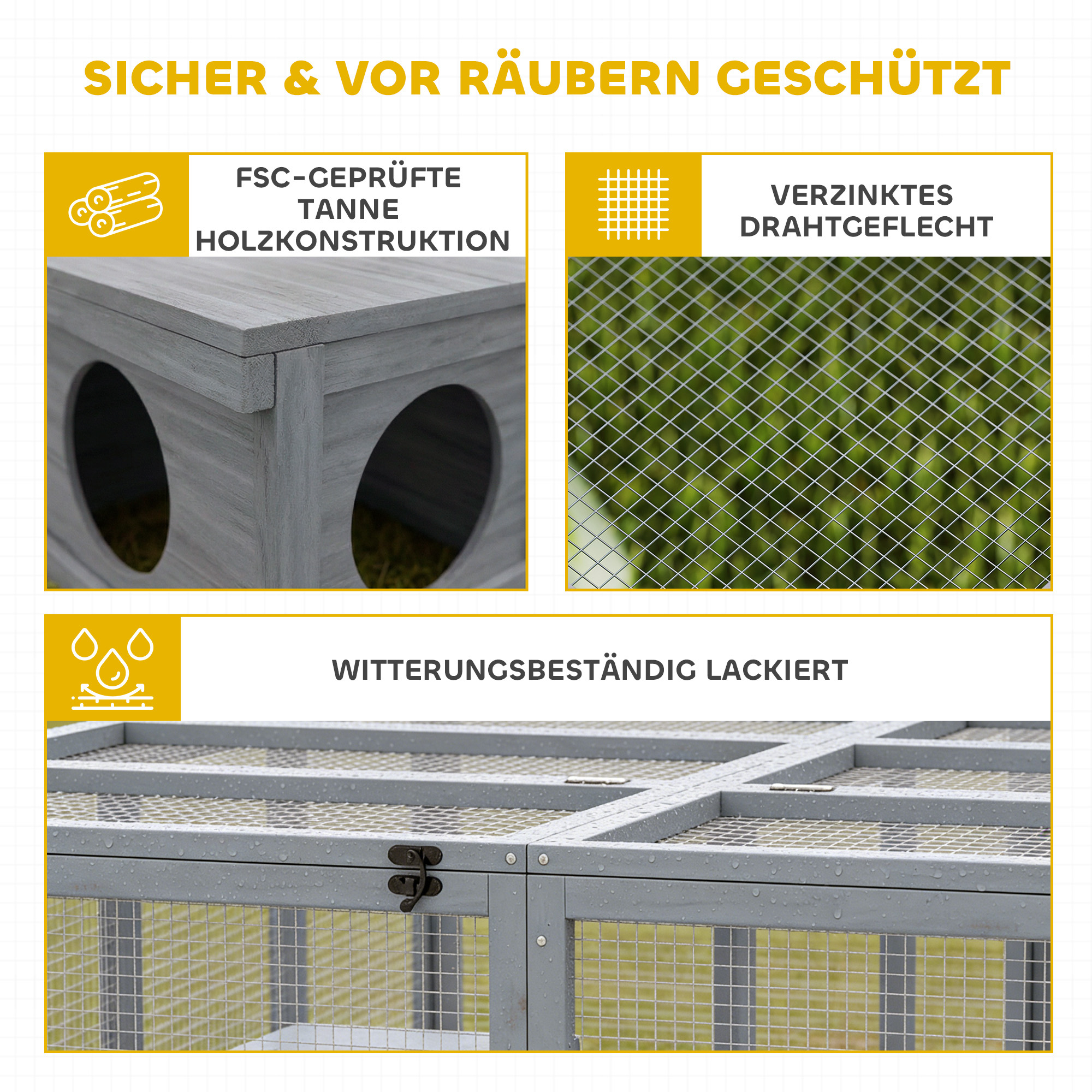 Freilaufgehege Kaninchenstall aus Holz mit 2 Türen Unterschlupfhaus für 2-4 Zwergkaninchen 180,4 x 150 x 48 cm Grau