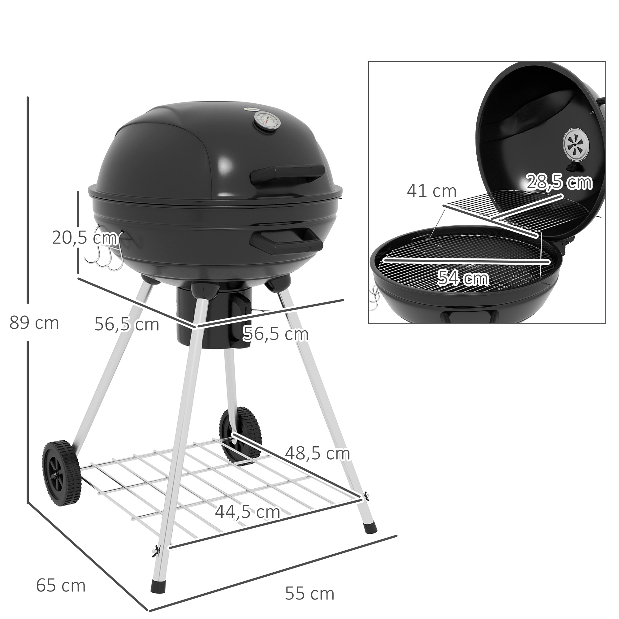 Kugelgrill, Ø54 cm Grillrost, Warmhalterost, Ablage, Aschefach, Thermometer, 55 x 65 x 89 cm, Schwarz