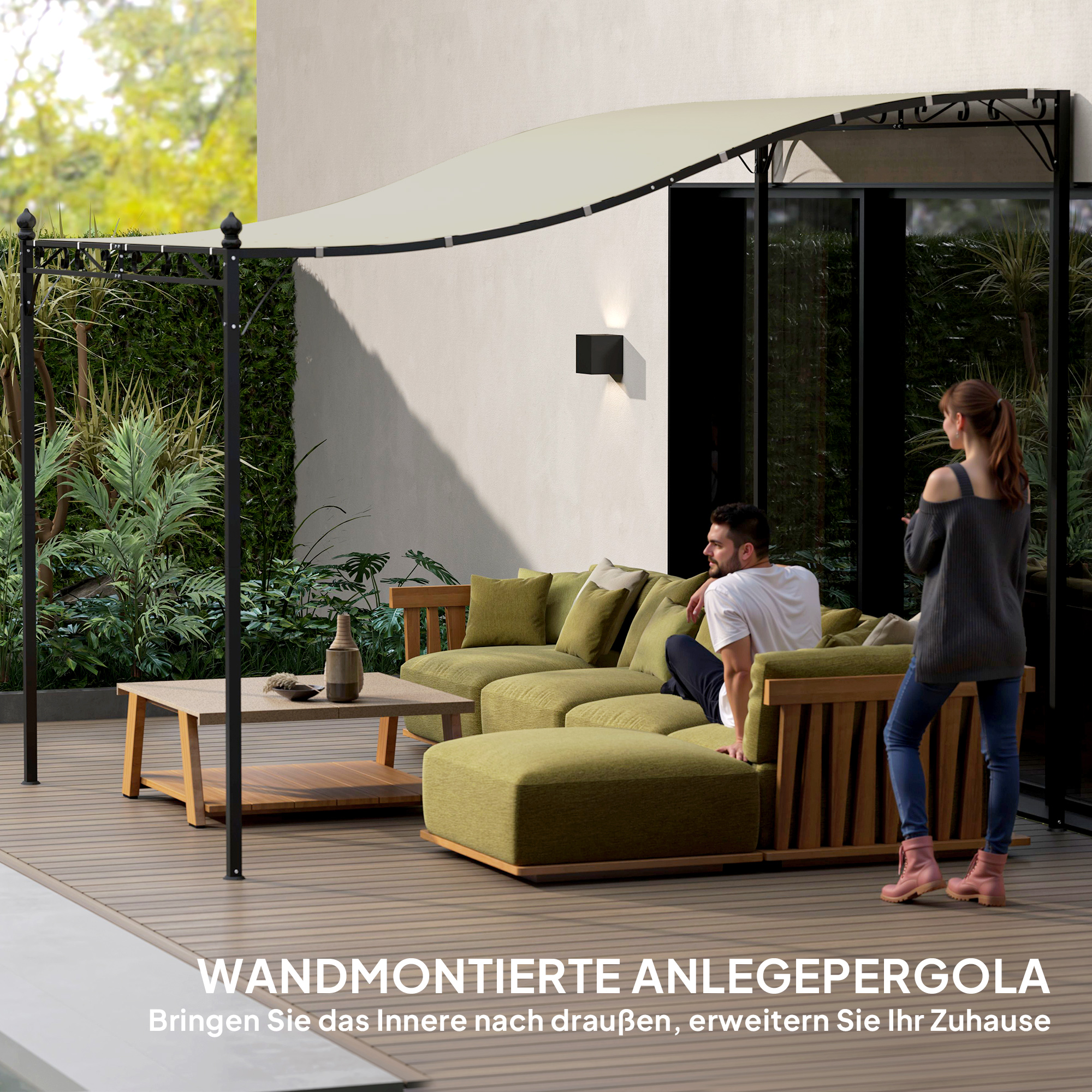 2,5 x 3 m Pergola, Wandmontierter Garten-Pavillon, wasserbeständig, Metallrahmen, Ablauflöcher, Schattendach, Cremeweiß