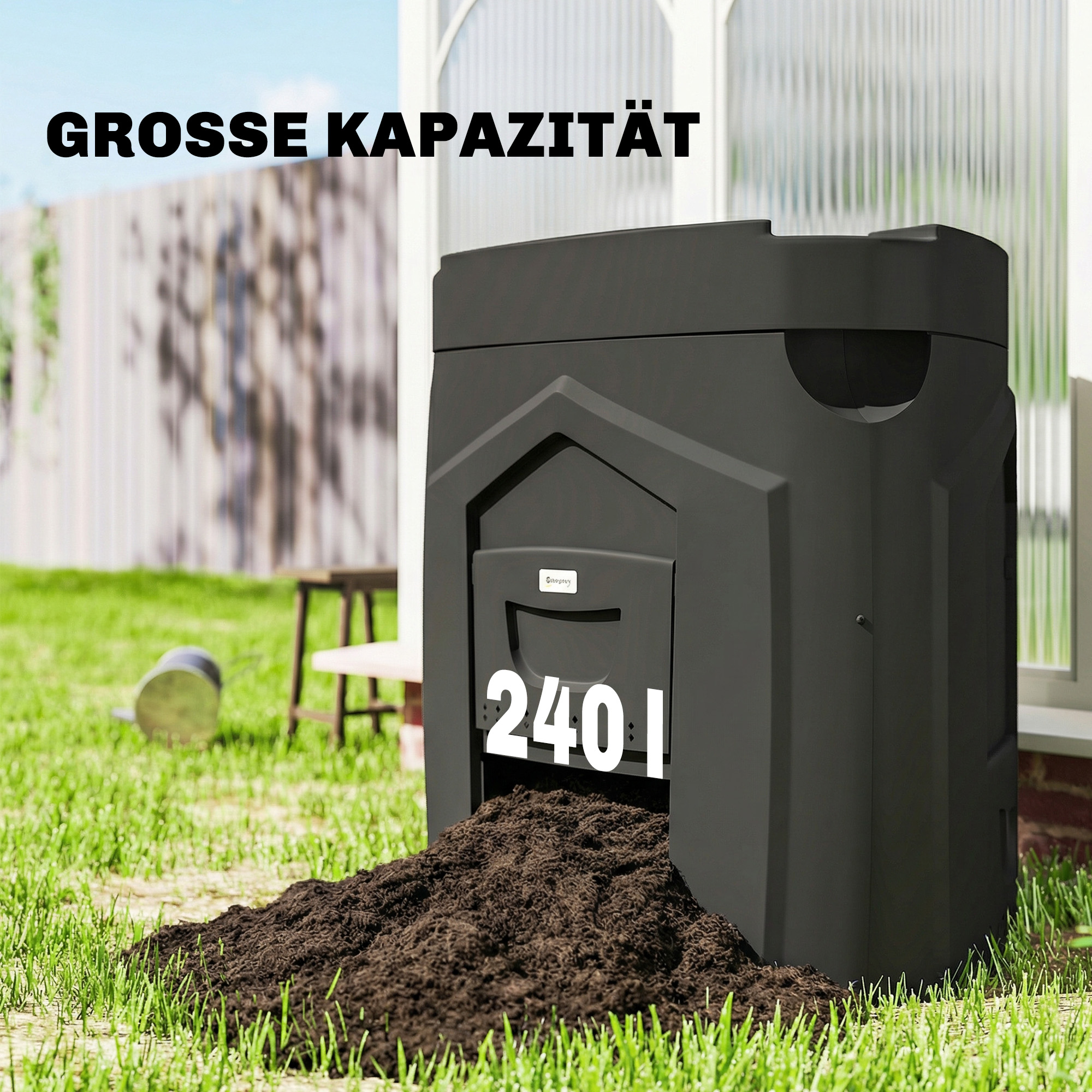 240L Gartenkomposter, Dreieckiger Kompostbehälter mit 3 Türen, Schwarz