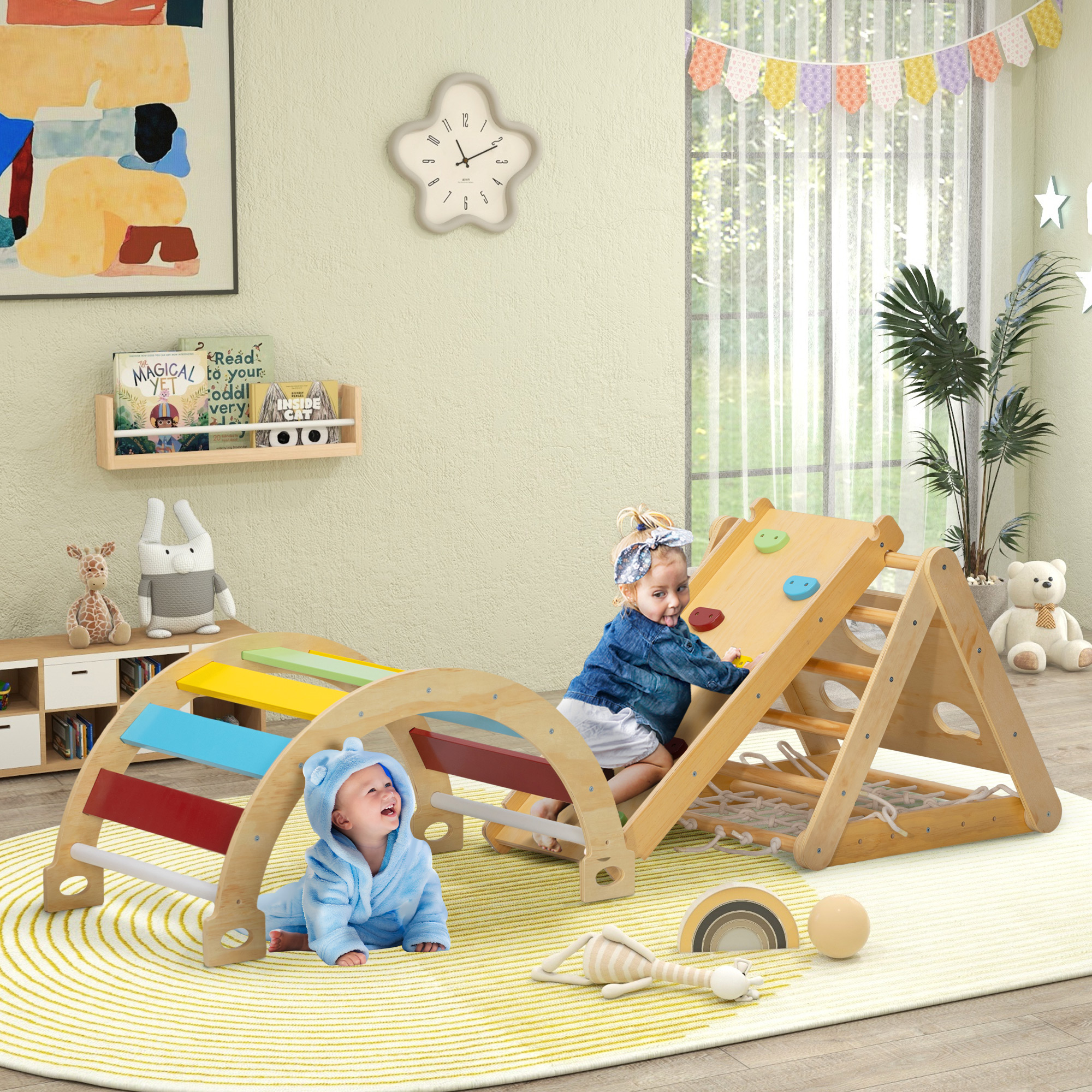 Klettergerüst Indoor, 7 in 1 Kletterdreieck mit Rutsche, Kletterbogen, Mehrfarbig