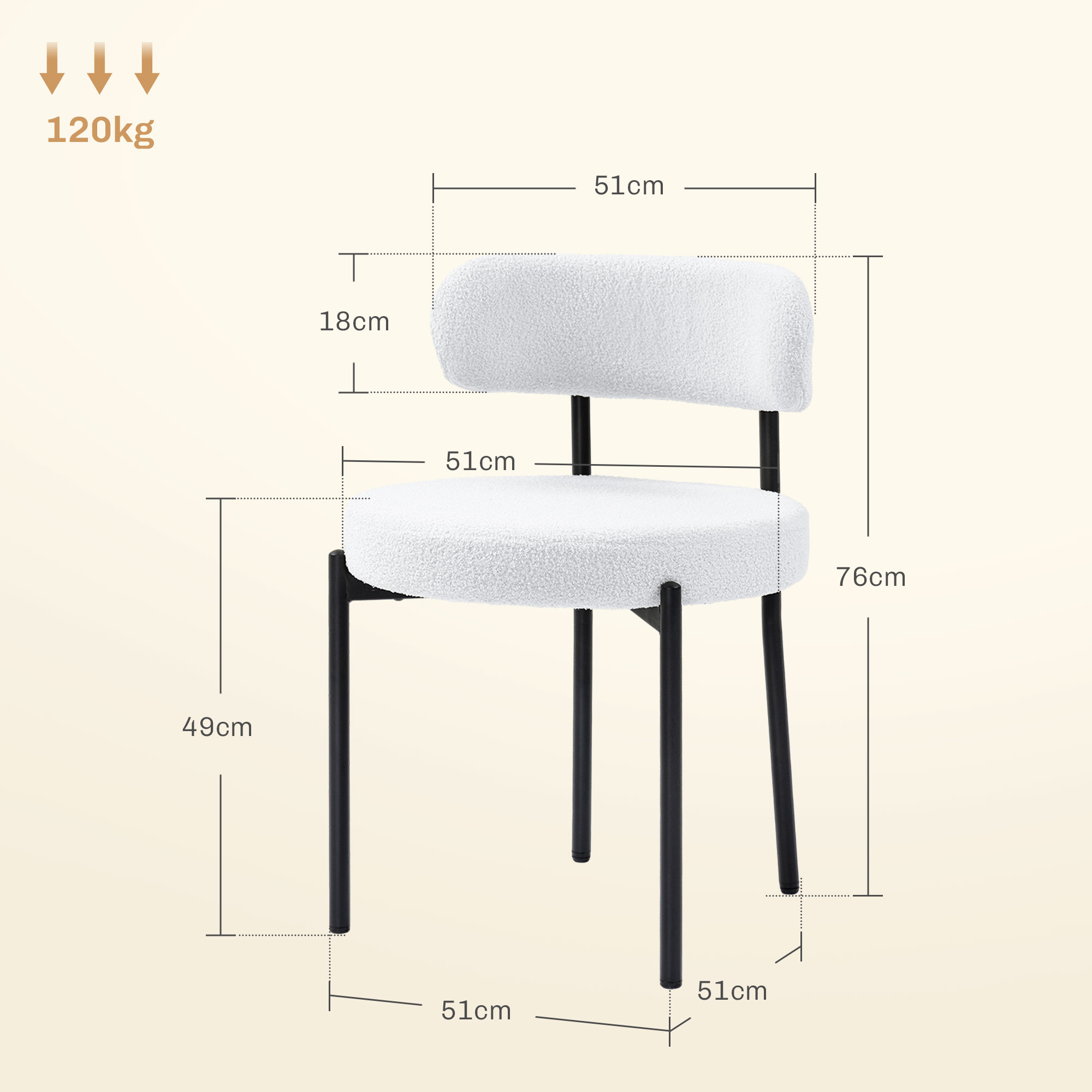 2er-Set Esszimmerstühle, Fleece-Polsterung, Stühle mit Polstersitz, Metallbeine, Cremeweiß