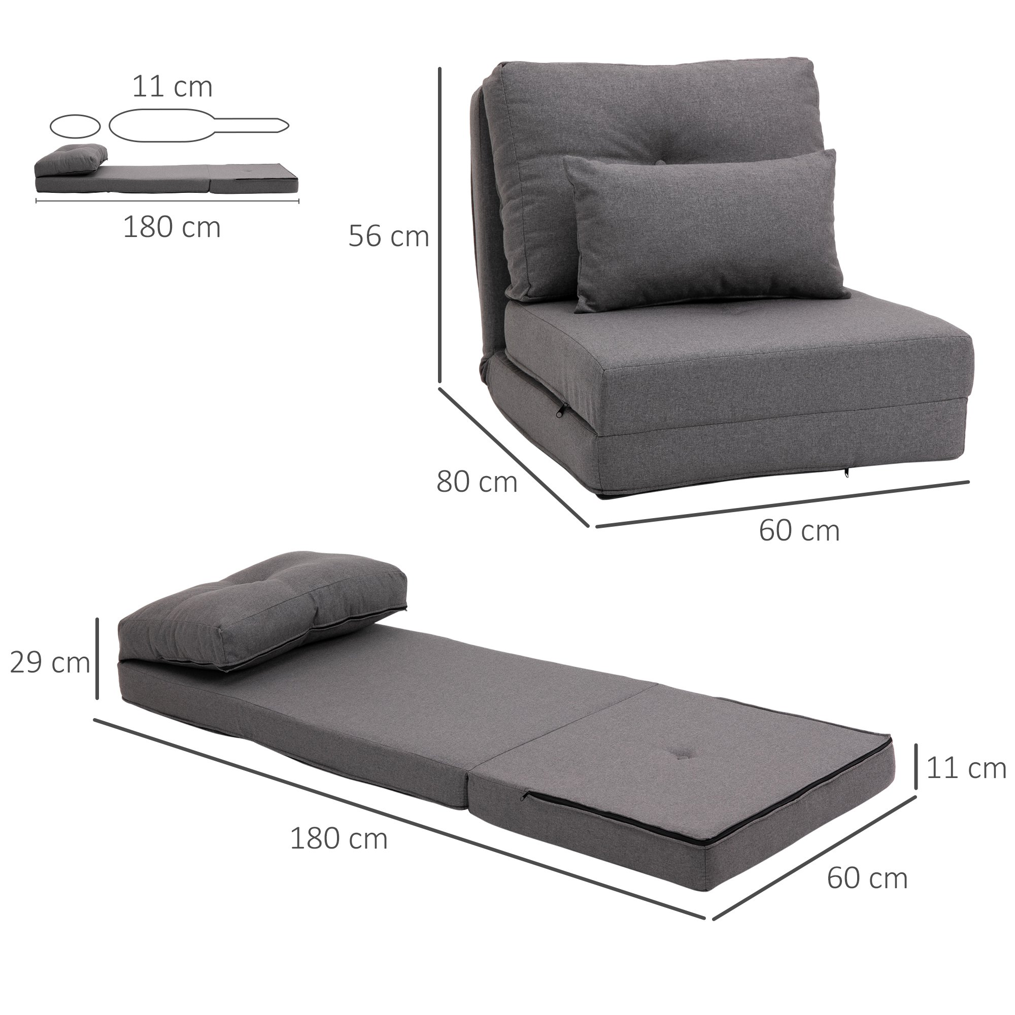 Bodensessel Klappmatratze Schlafmatte, 2-in-1-Design, abnehmbares Kissen, 60 x 80 x 56 cm, Dunkelgrau