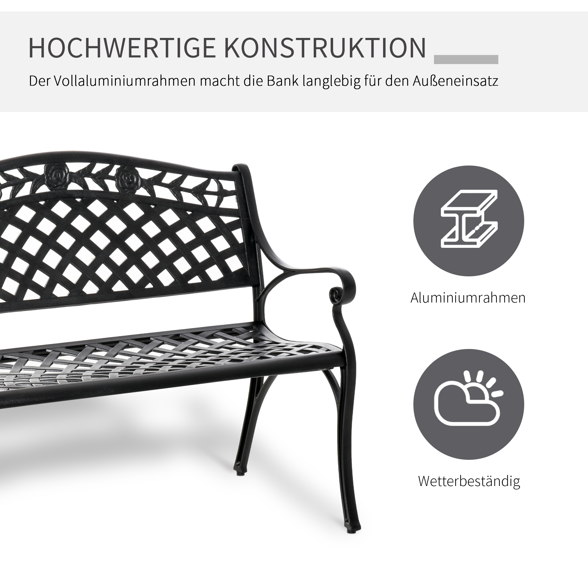 2-Sitzer Sitzbank Alu Gartenbank Metallbank Bank mit Armlehnen Landhausstil Schwarz 102,5 x 61 x 84 cm