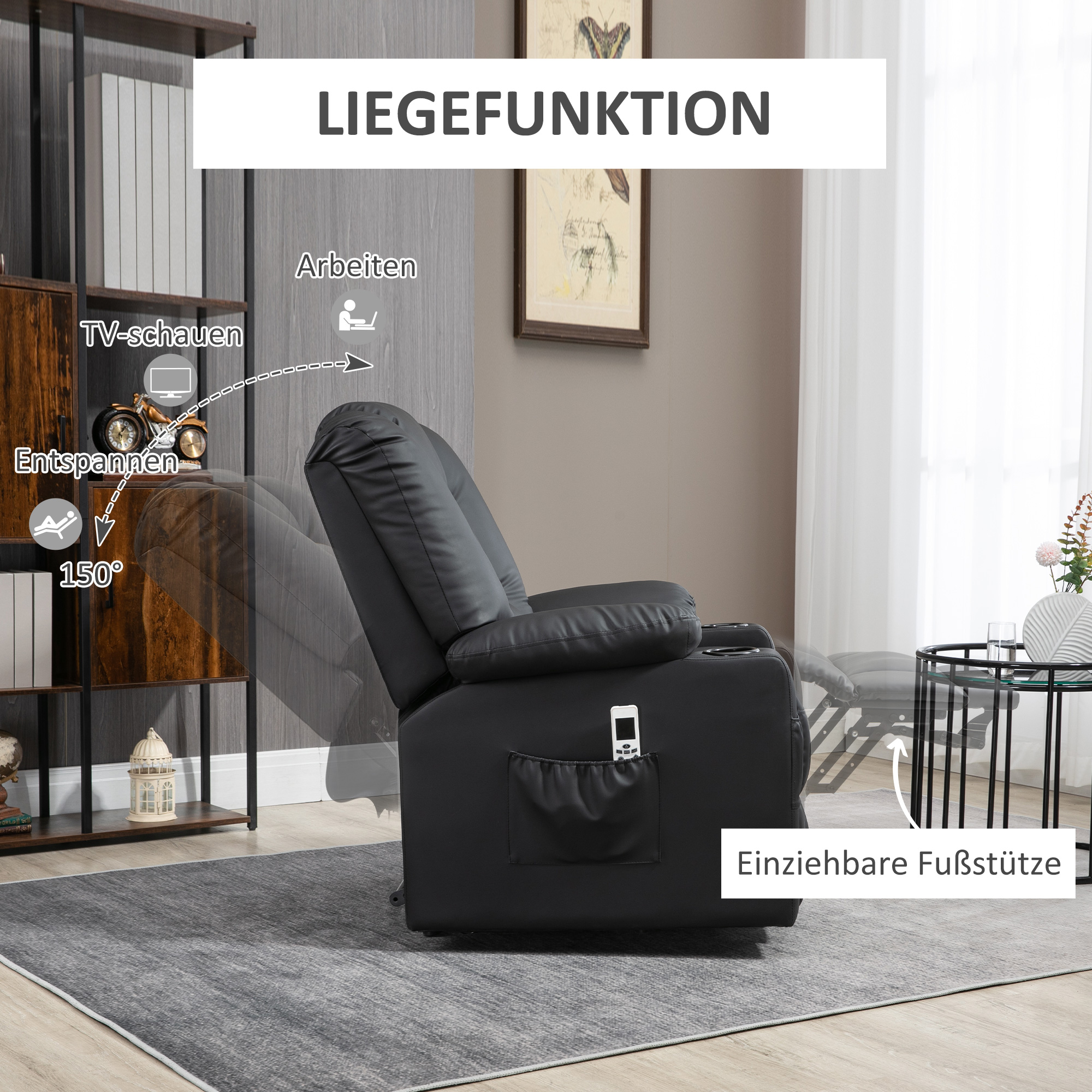 Relaxsessel mit Aufstehhilfe, USB, Massagefunktion, Kunstleder, bis 150 kg, 90x98x102 cm, Schwarz