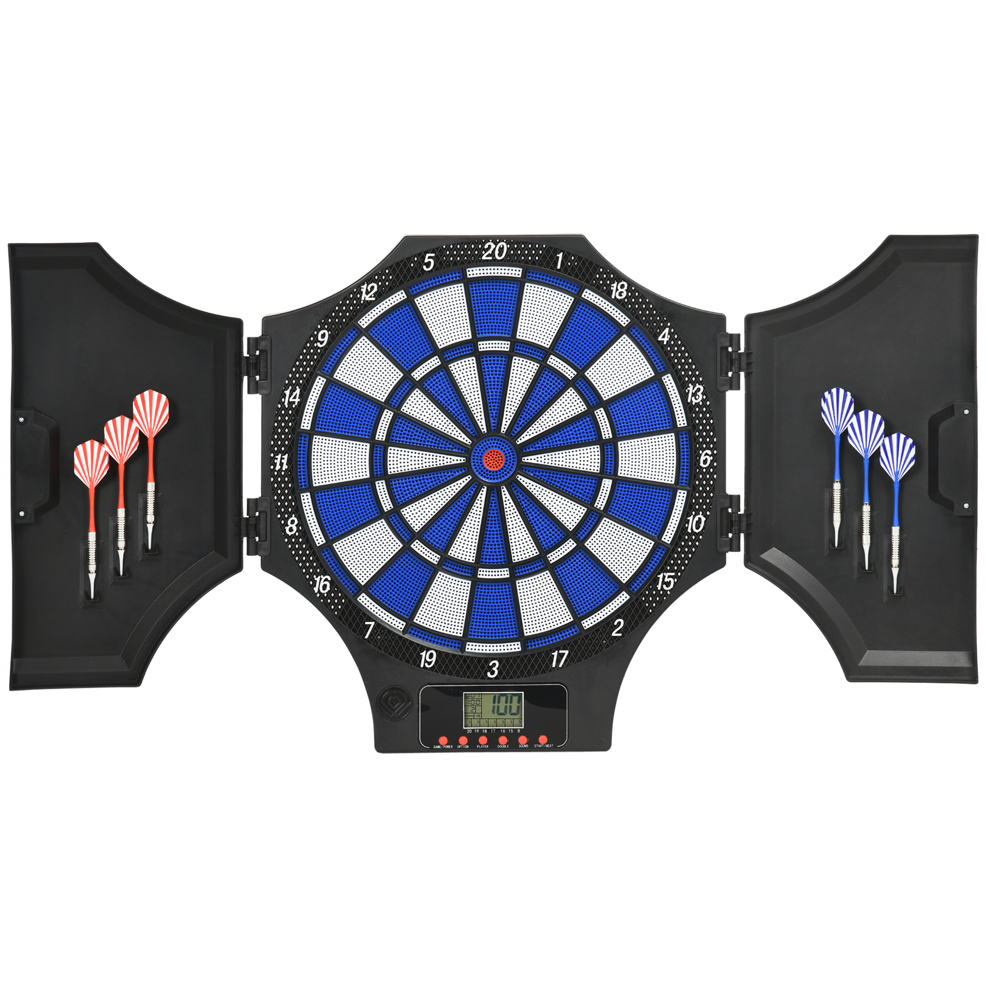 Dartscheibe, elektronisch, 31 Spiele und 285 Programme, für 8 Spieler, 2 Türen, 6 Pfeile, Sound, schwarz, 83 x 45 x 4 cm Dartscheibe, elektronisch, 31 Spiele und 285 Programme, für 8 Spieler, 2 Türen, 6 Pfeile, Sound, schwarz, 83 x 45 x 4 cm