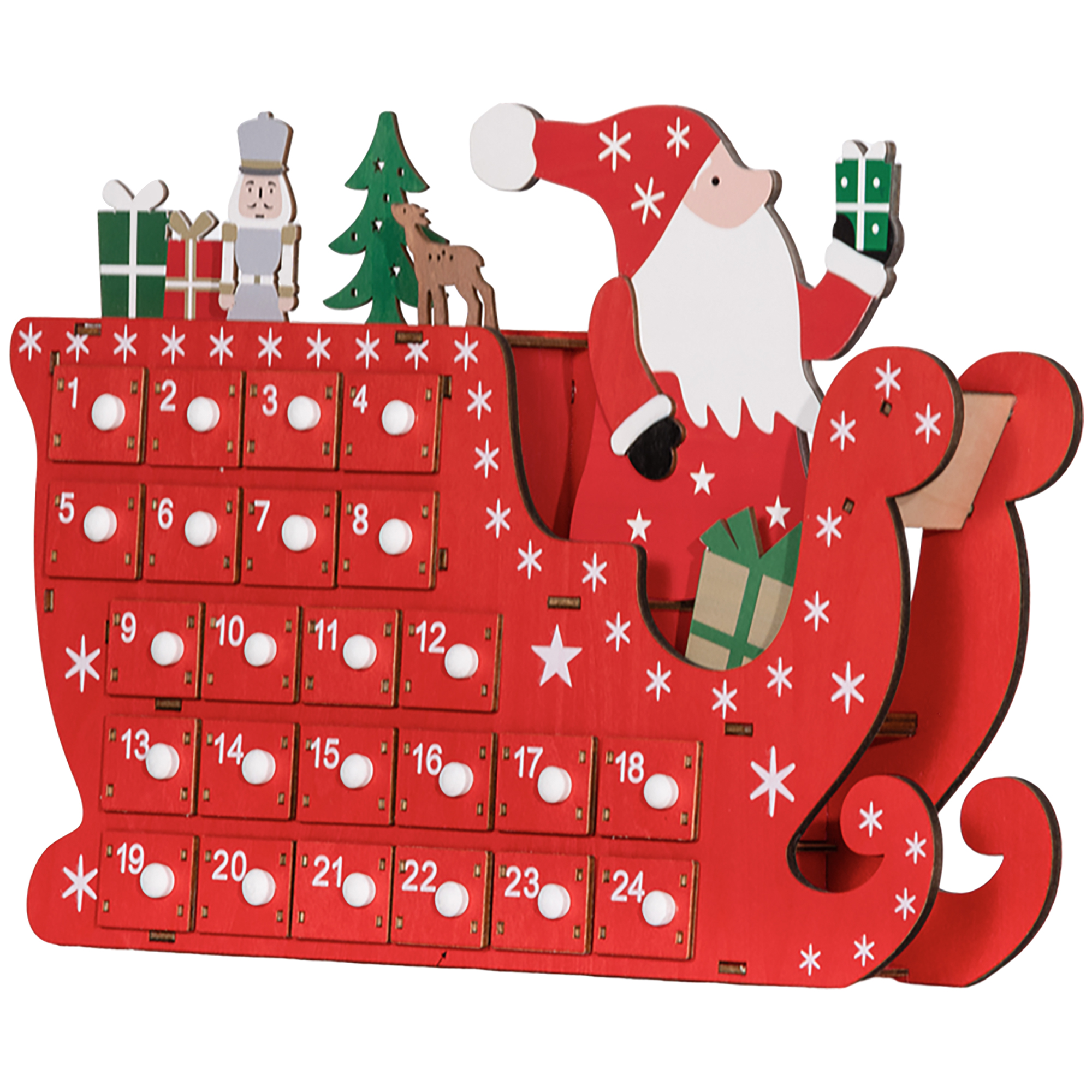 Adventskalender Weihnachtsmann mit Schlitten, 24 Fächer, wiederverwendbar, 22,5x8x36 cm, Rot Adventskalender Weihnachtsmann mit Schlitten, 24 Fächer, wiederverwendbar, 22,5x8x36 cm, Rot