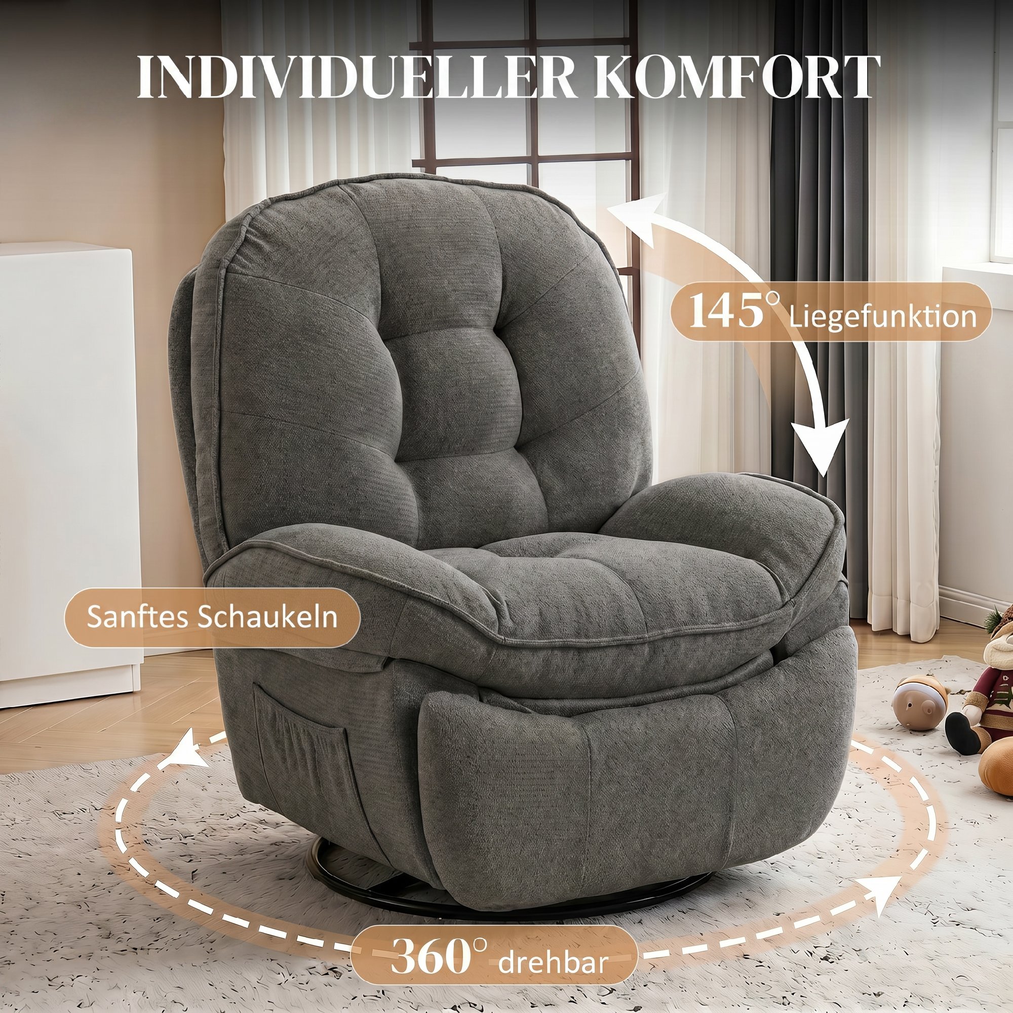 Relaxsessel Fernsehsessel mit Liegefunktion, Drehbarer Ruhesessel mit Wippfunktion, für Wohnzimmer, Schlafzimmer