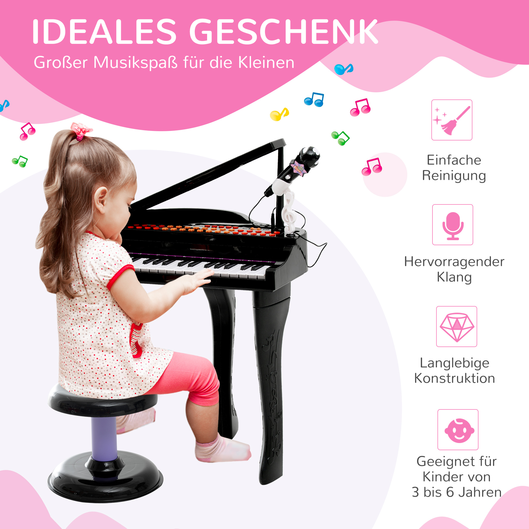 Keyboard Kinder mit 37 Tasten, Hocker Klavier mit Mikrofon, LED-Lehrmodus, Aufnahme, Piano Musikinstrument für 3-6 Jahre Kinder Schwarz