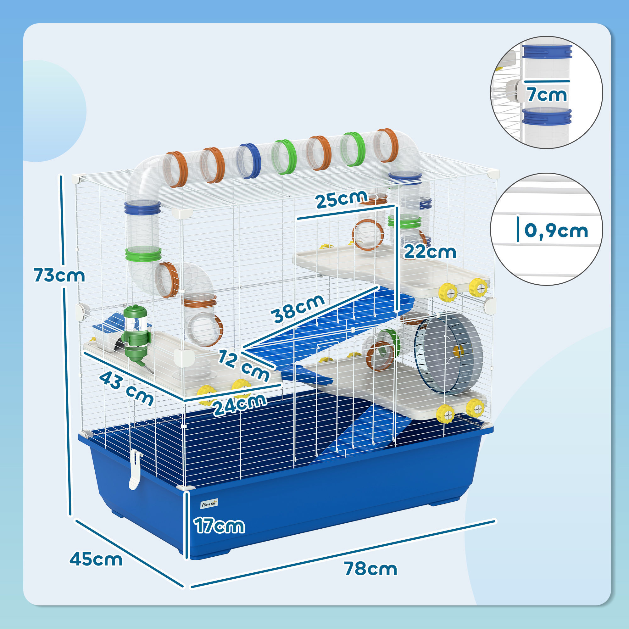 Hamsterkäfig mit 4 Ebenen, Kleintierkäfig mit Tunnelsystem, Hütte, Laufrad, für Zwerghamster, 78 x 45 x 73 cm, Blau