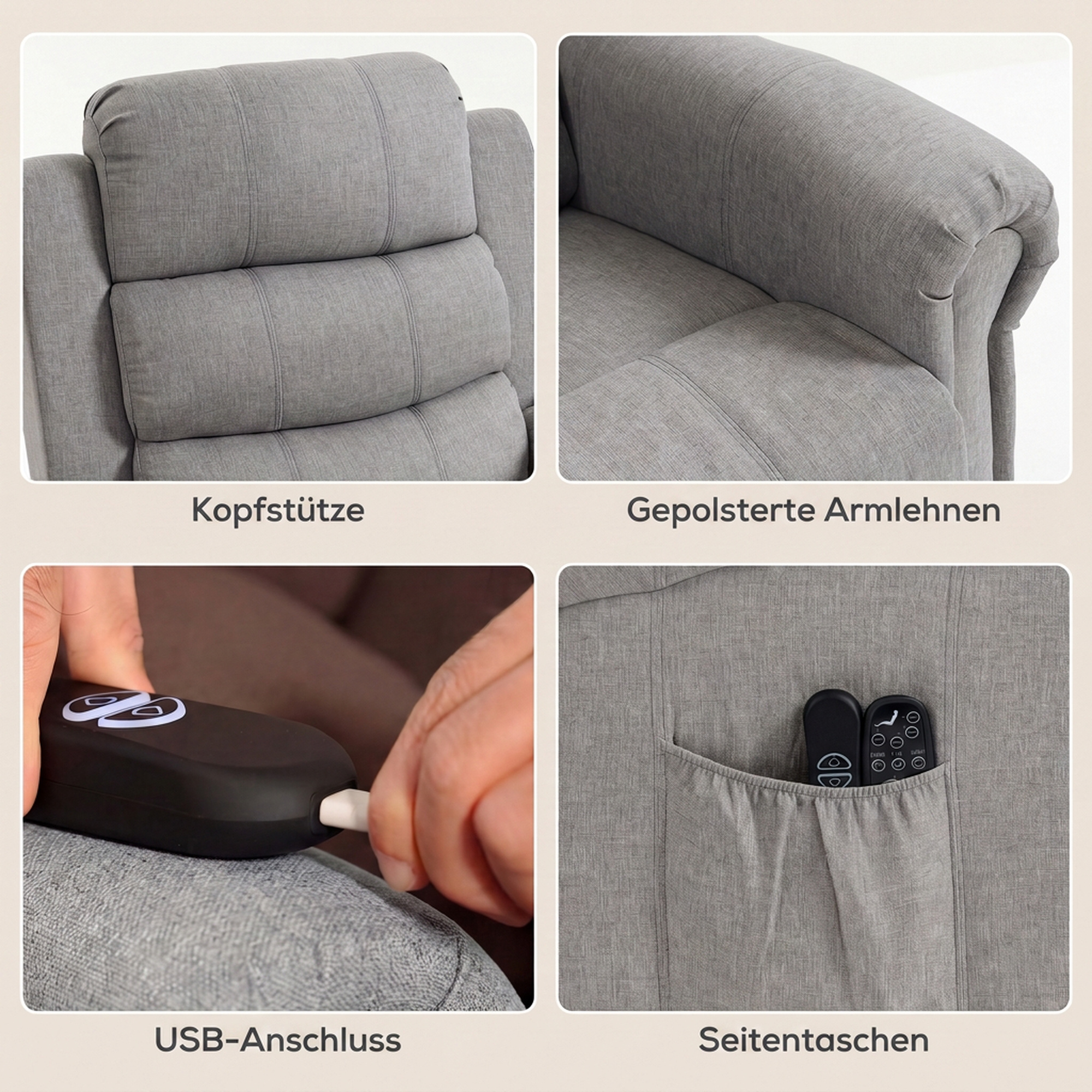 Power-Lift-Relaxsessel mit Vibrationsmassage und Wärmefunktion, Aufstehsessel mit USB-Anschluss, Seitentaschen und Fernbedienungen, Hellgrau