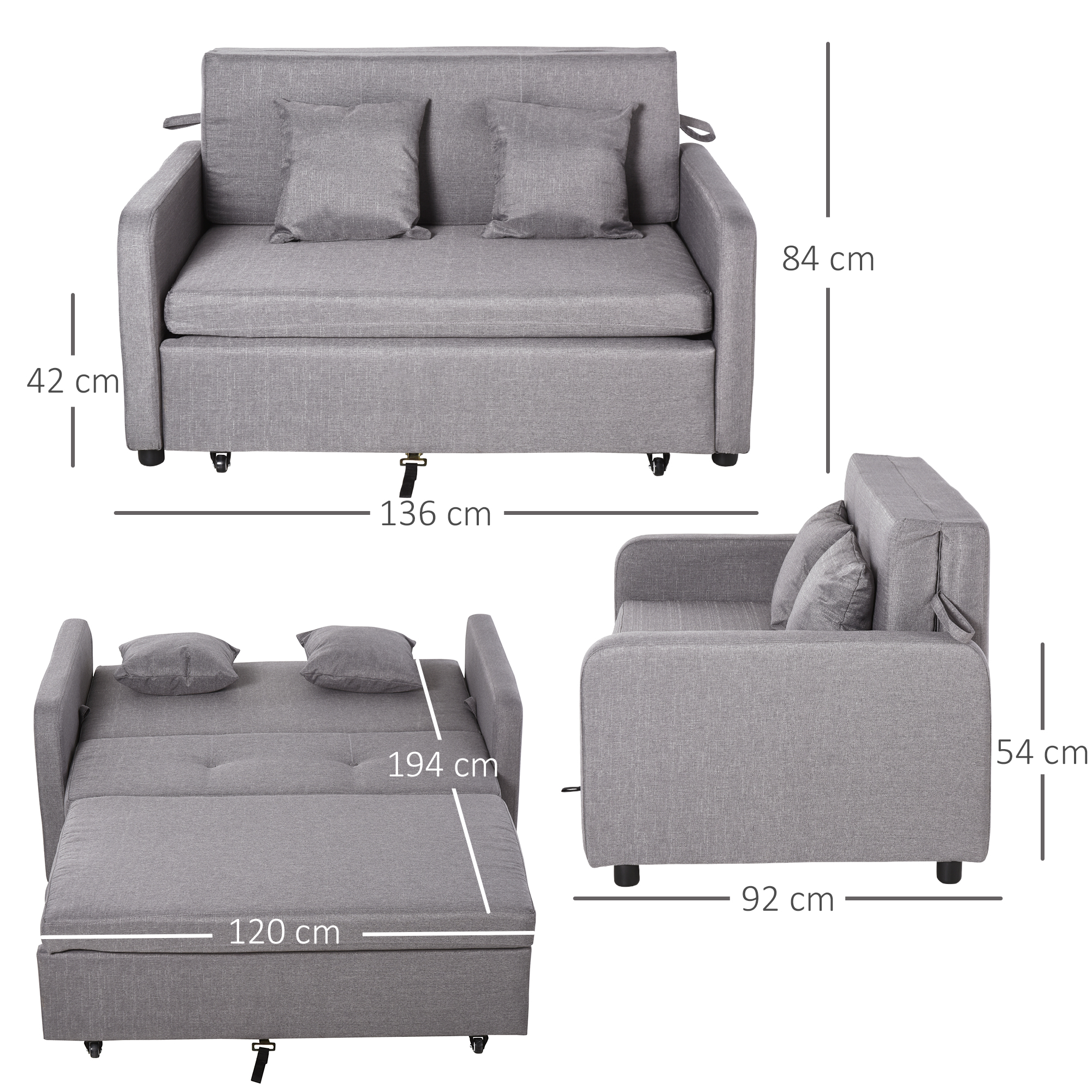 Schlafsofa für 2 Personen, mit Stauraum, leichter Umbau, flexibles Design, Grau