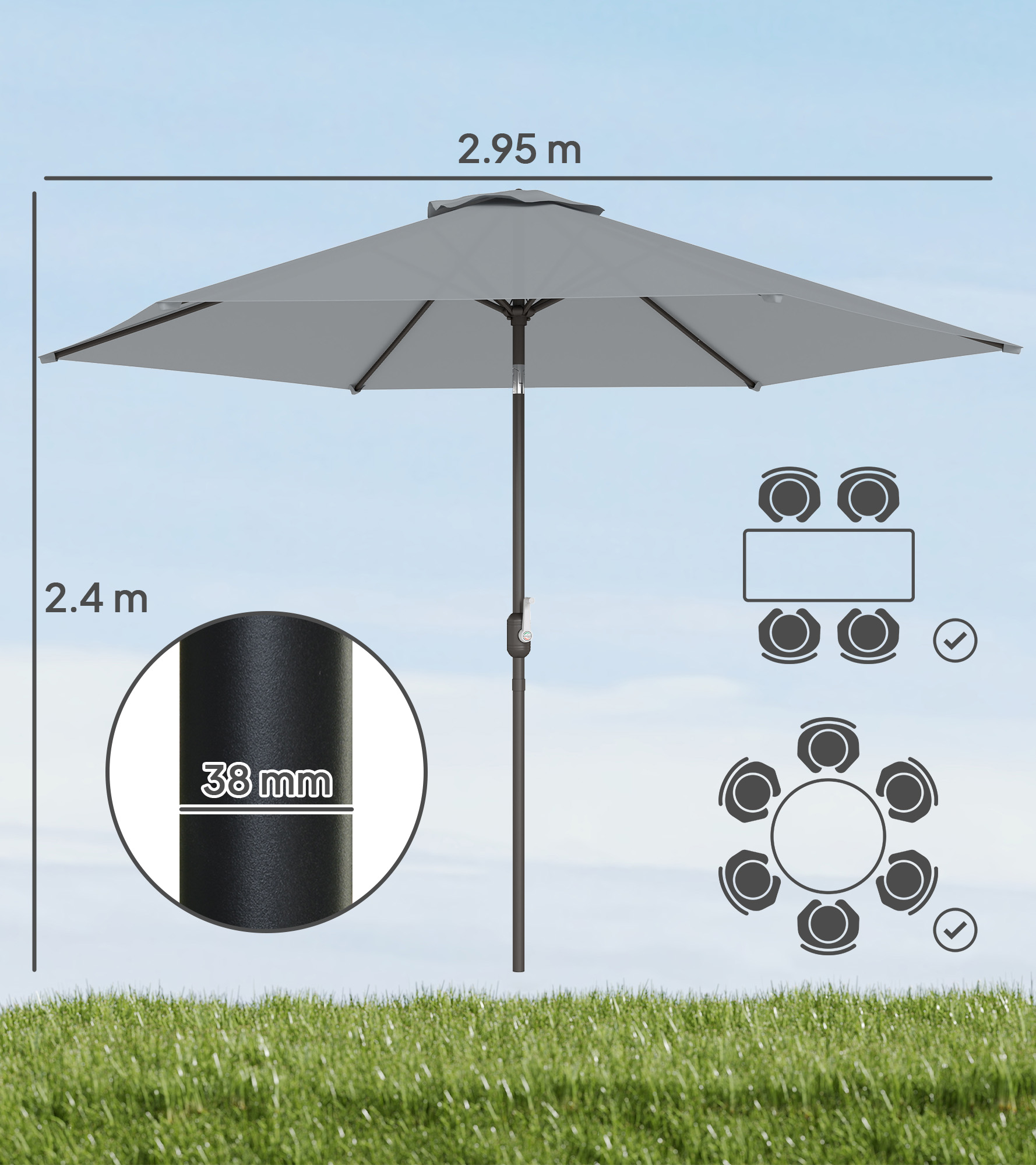 3 m Sonnenschirm mit Schutzhülle, Outdoor-Marktschirm mit Neigefunktion und Kurbel, Windöffnung, Grau