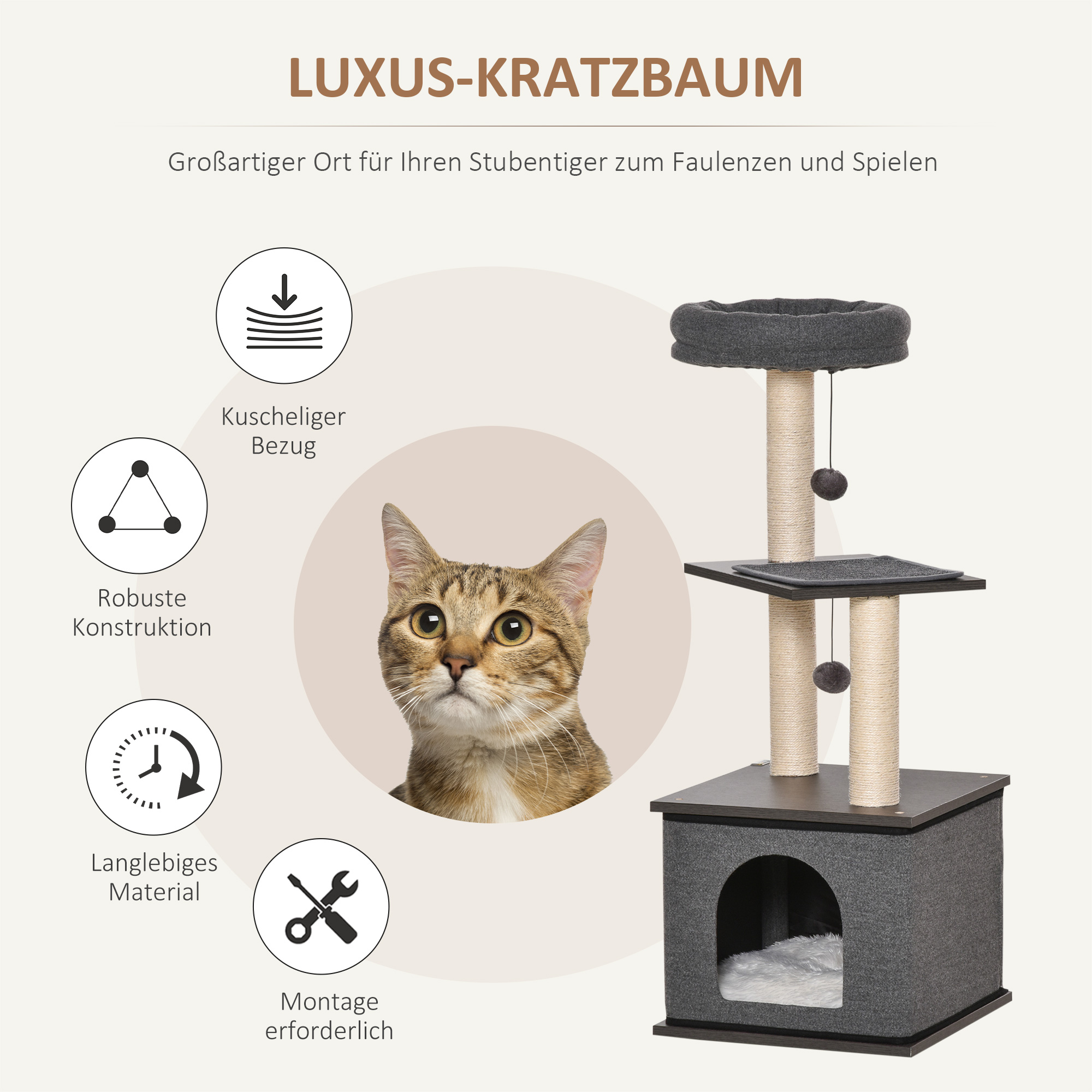 Katzenkratzbaum Katzenspielzeug Kletterbaum Spielmöglichkeiten Spielsisal Spielseil PB-Platte Sisal Dunkelgrau 40 x 40 x 104 cm