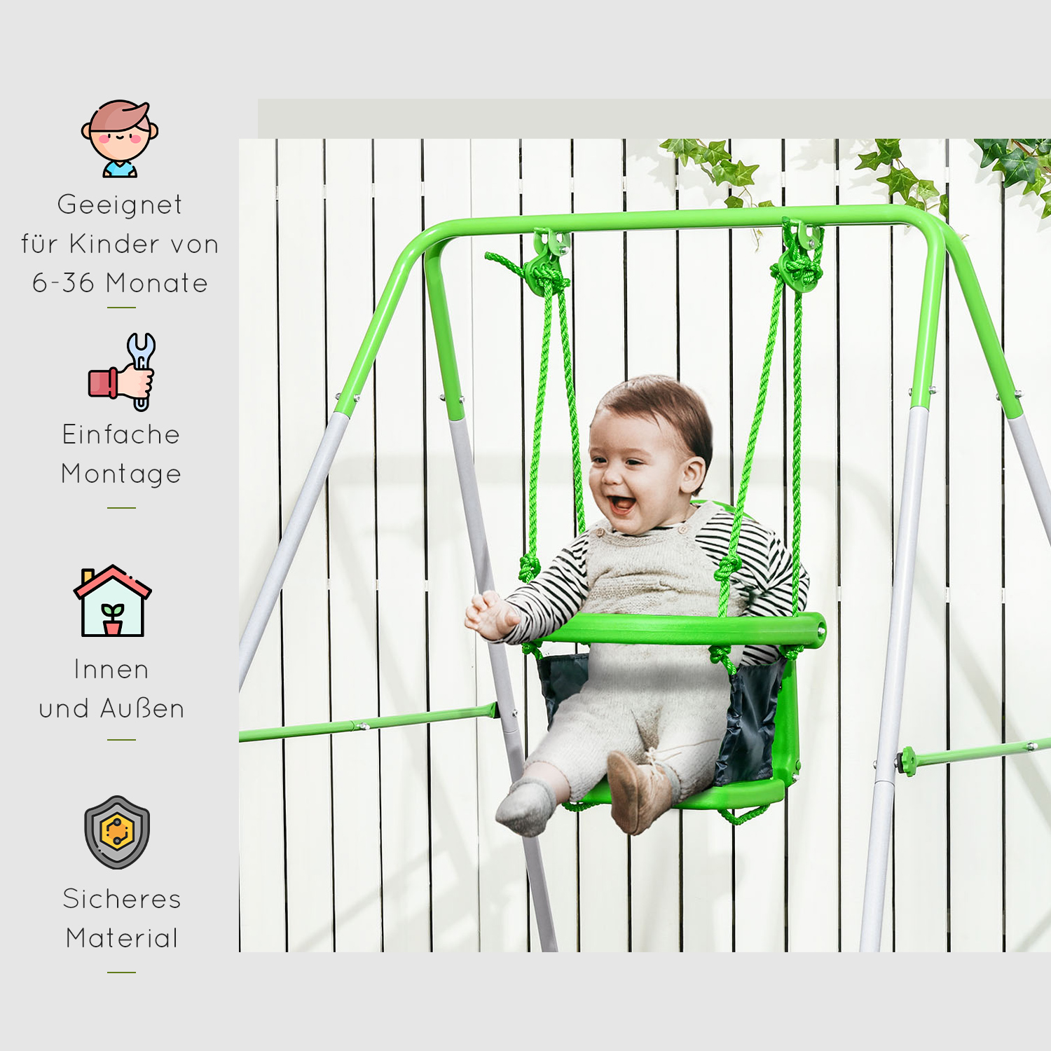 Kinderschaukel, für 6-36 Monate, Sicherheitsbügel, Anschnallgurt, Metallrahmen, 122 x 146 x 122cm, Grün