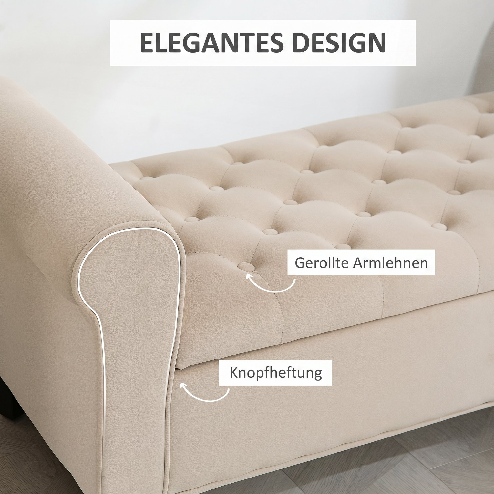 Sitzbank im Vintage-Design, Sitzbank mit Stauraum, Samtoptik, Beige