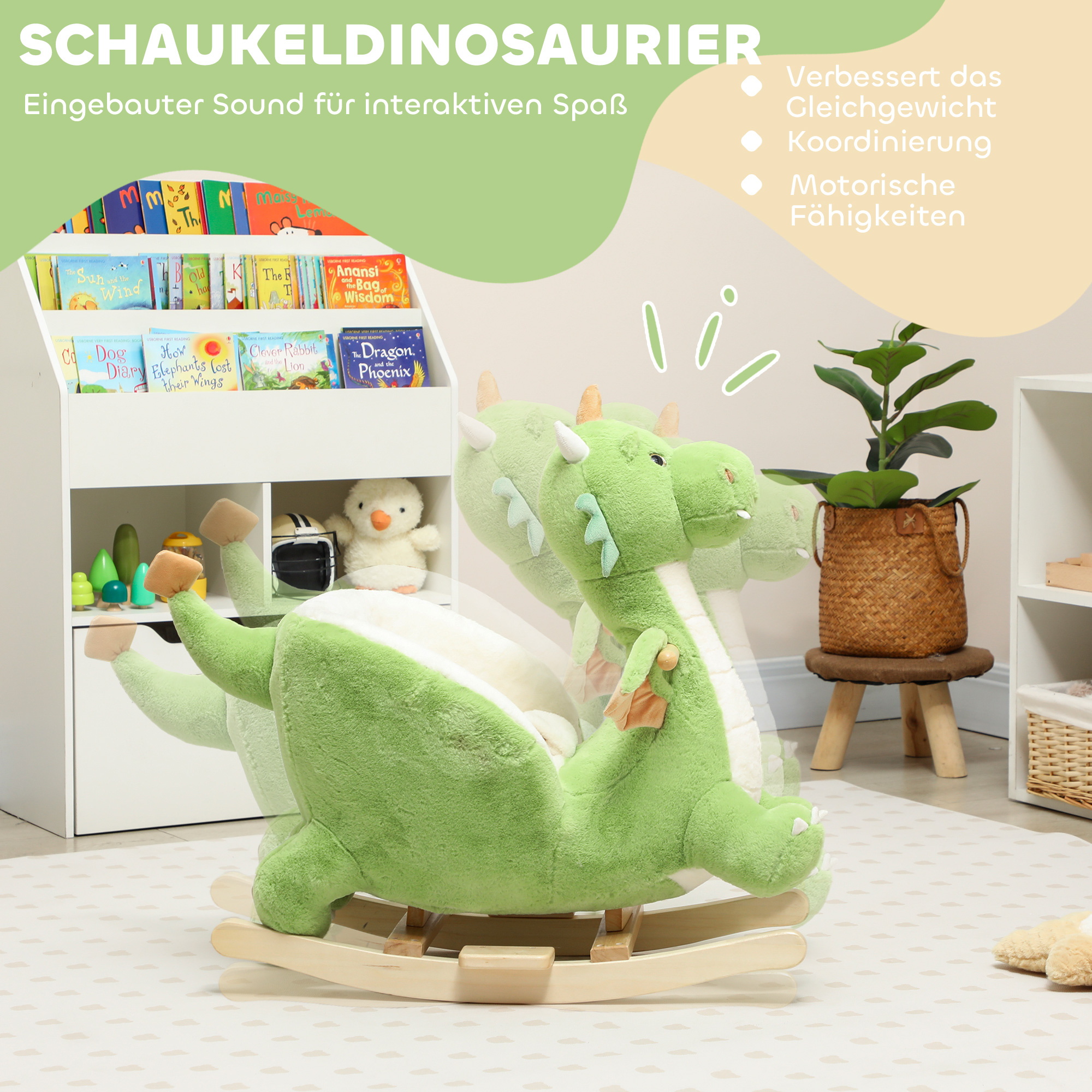 Schaukeltier, Dinosaurier-Schaukel, interaktive Tiergeräusche, weiche Füllung, Holzrahmen, 65 x 38 x 72 cm, Grün