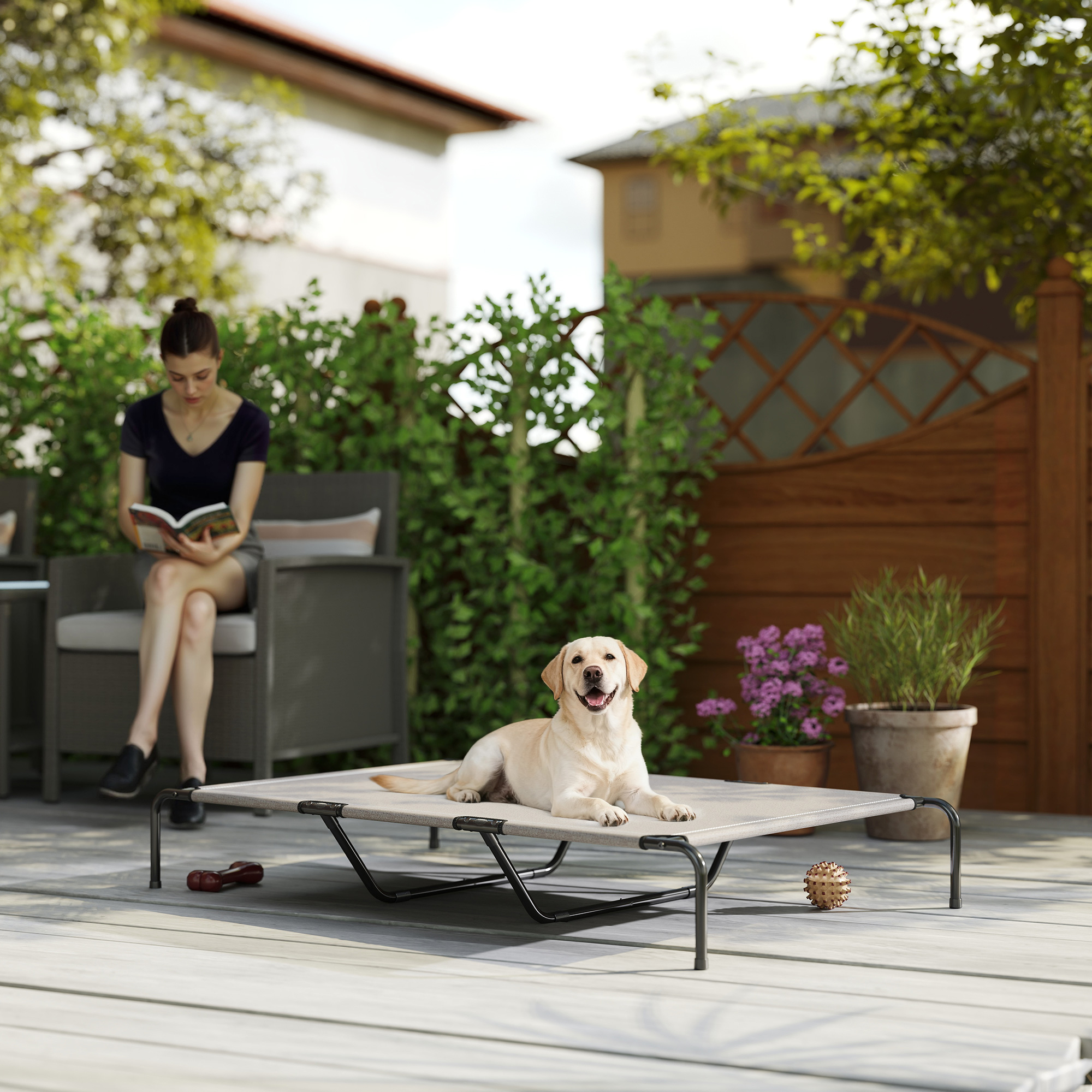 Hundeliege Outdoor, erhöhtes Hundebett für große Hunde, mit Stahlrahmen, atmungsaktiv Netzgewebe, 152x94x23 cm, Beige