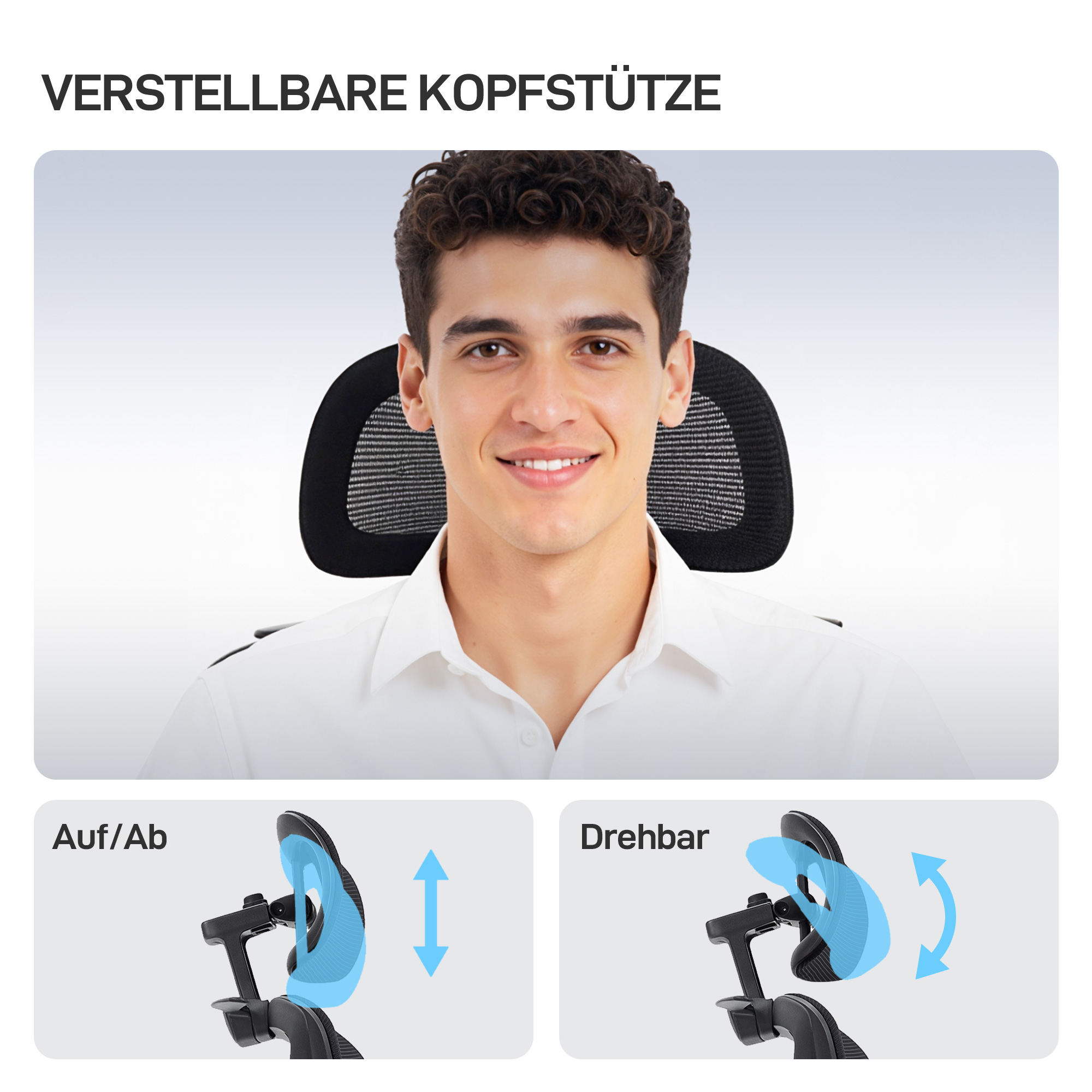 ergonomischer Bürostuhl mit Rollen, Netzstoff, Lendenstütze, Computerstuhl mit Armlehnen, verstellbare Kopfstütze