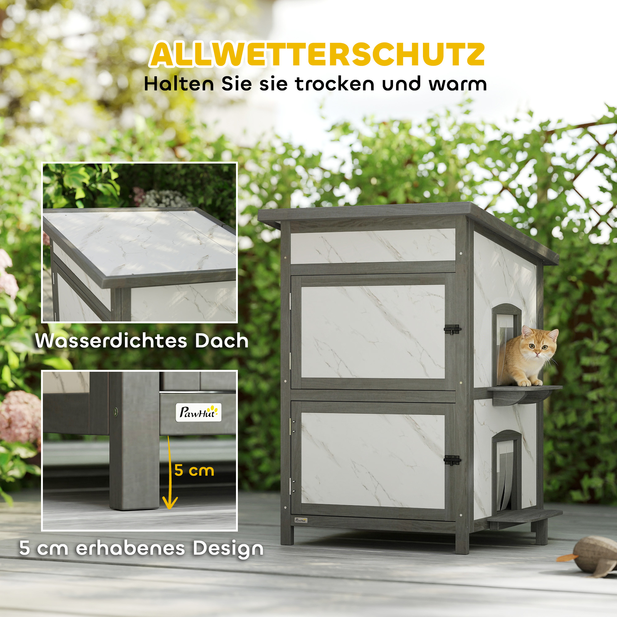 Outdoor-Katzenhaus, Holzhaus für Katzen, mehrere Eingänge, Fenster, Wasserfest, 60 x 60 x 88 cm, Weiß