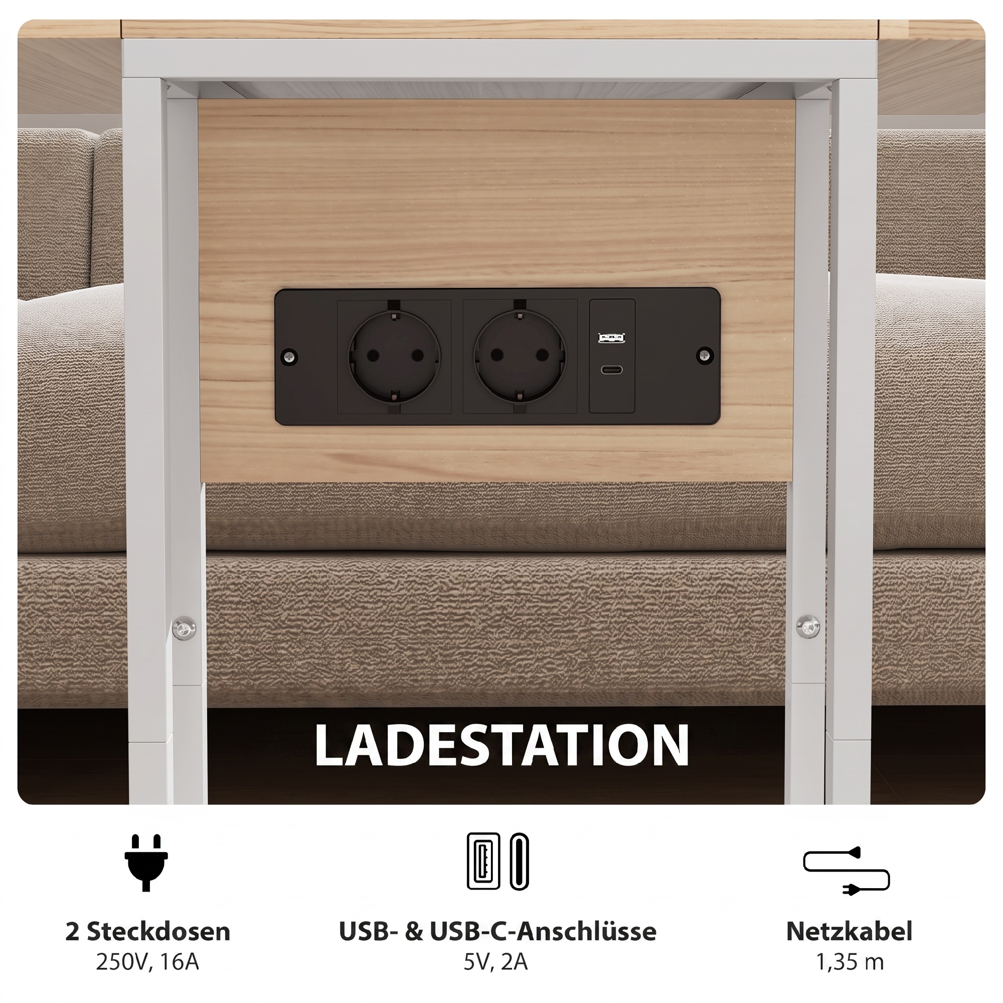 klappbarer Beistelltisch, Ladestation mit USB-Ports, Metall, 39 x 29 x 57 cm, Holzfarben