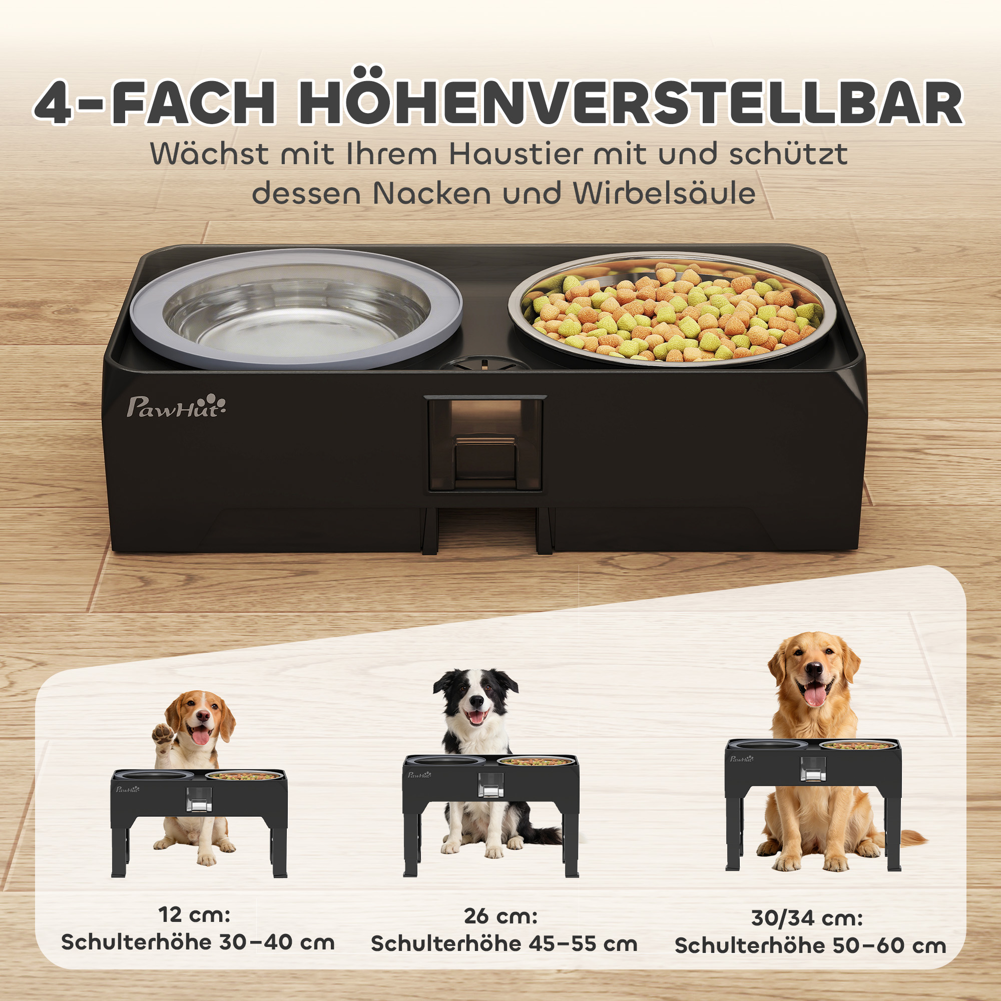 Erhöhter Hundenapf Höhenverstellbar Futternapf mit Wassernapf 2 Edelstahlnäpfen für kleine bis große Hunde Schwarz