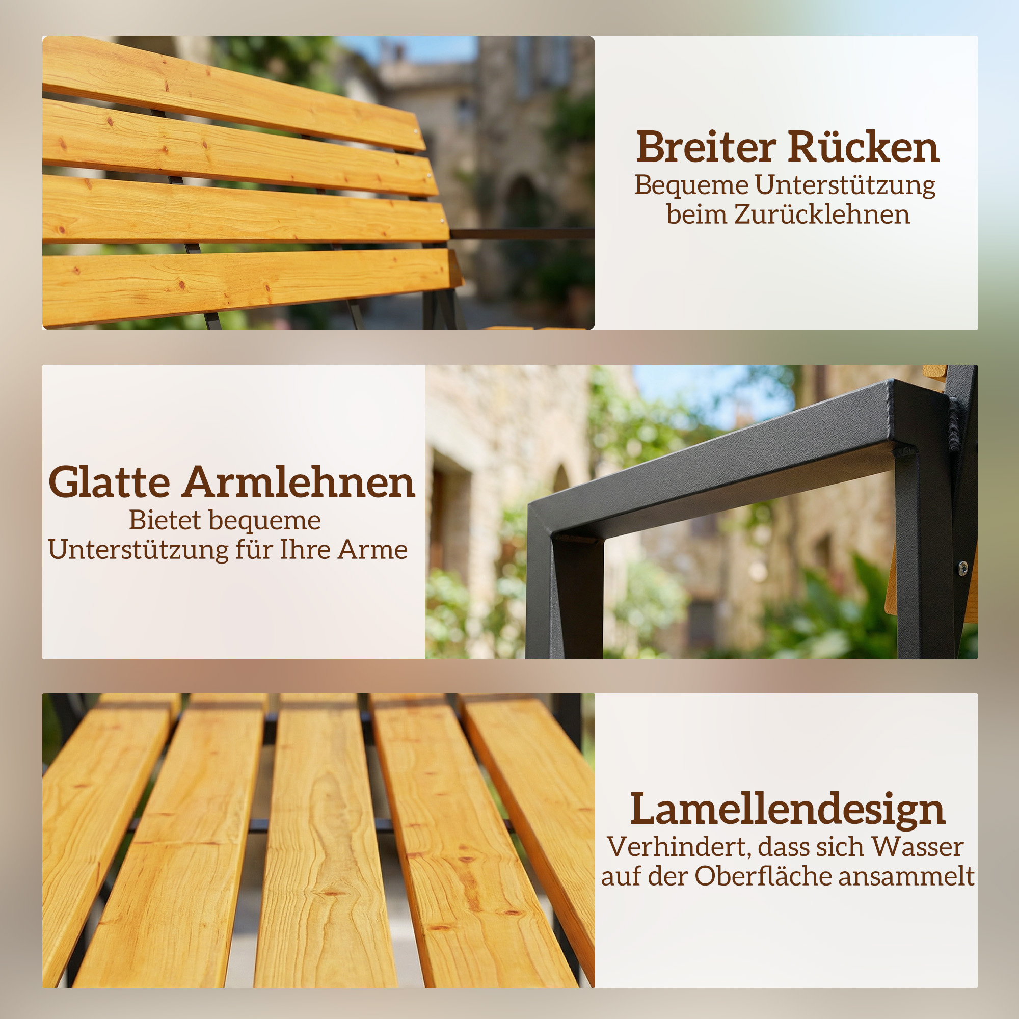 Gartenbank 2-Sitzer Wetterfest Holzbank mit Lamelldesign Armlehnen, Holz Sitzbank bis 240 kg Naturholz