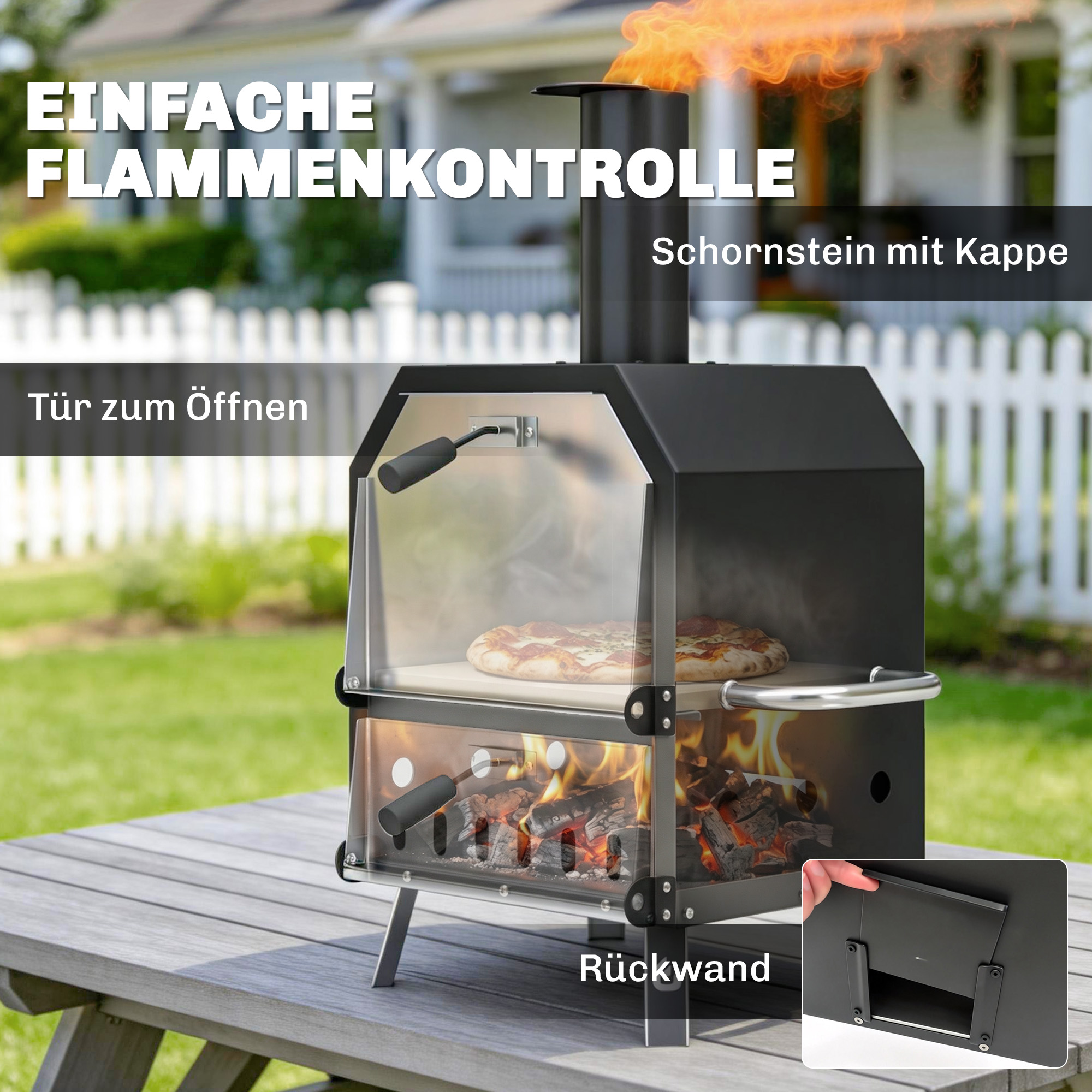 Outdoor-Pizzaofen, holzbefeuerter Pizza-Ofen Edelstahl, 2 Ebenen, Backofen mit Pizzastein